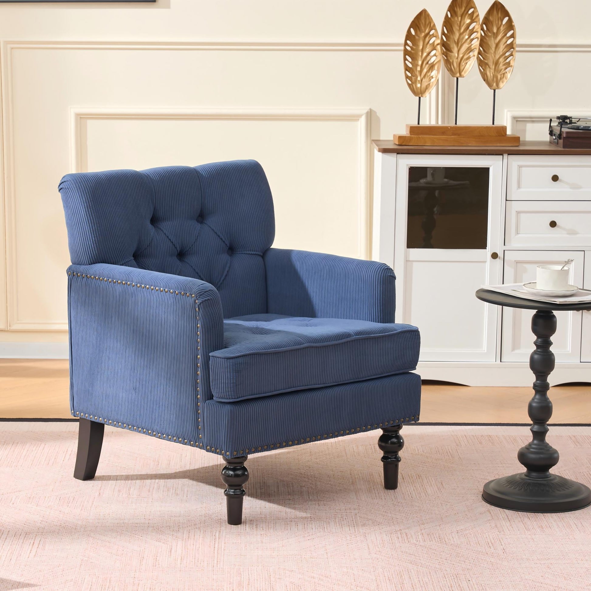 Tufted Club Chair, Accent Armchair with Button Upholstery, Studded Detail and Rubber Wood Legs, Mid-Century Modern Lounge Chair in Corduroy Fabric for Living Room and Bedroom, Beige