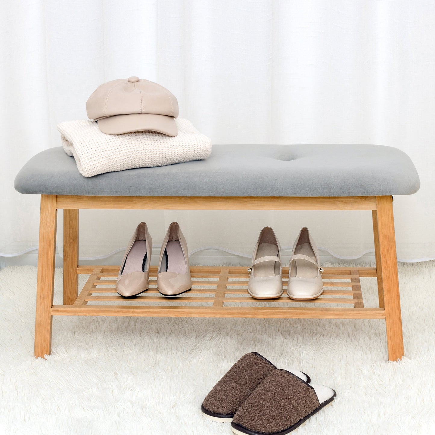 Tufted Fabric Bench Ottoman Bench, Gray