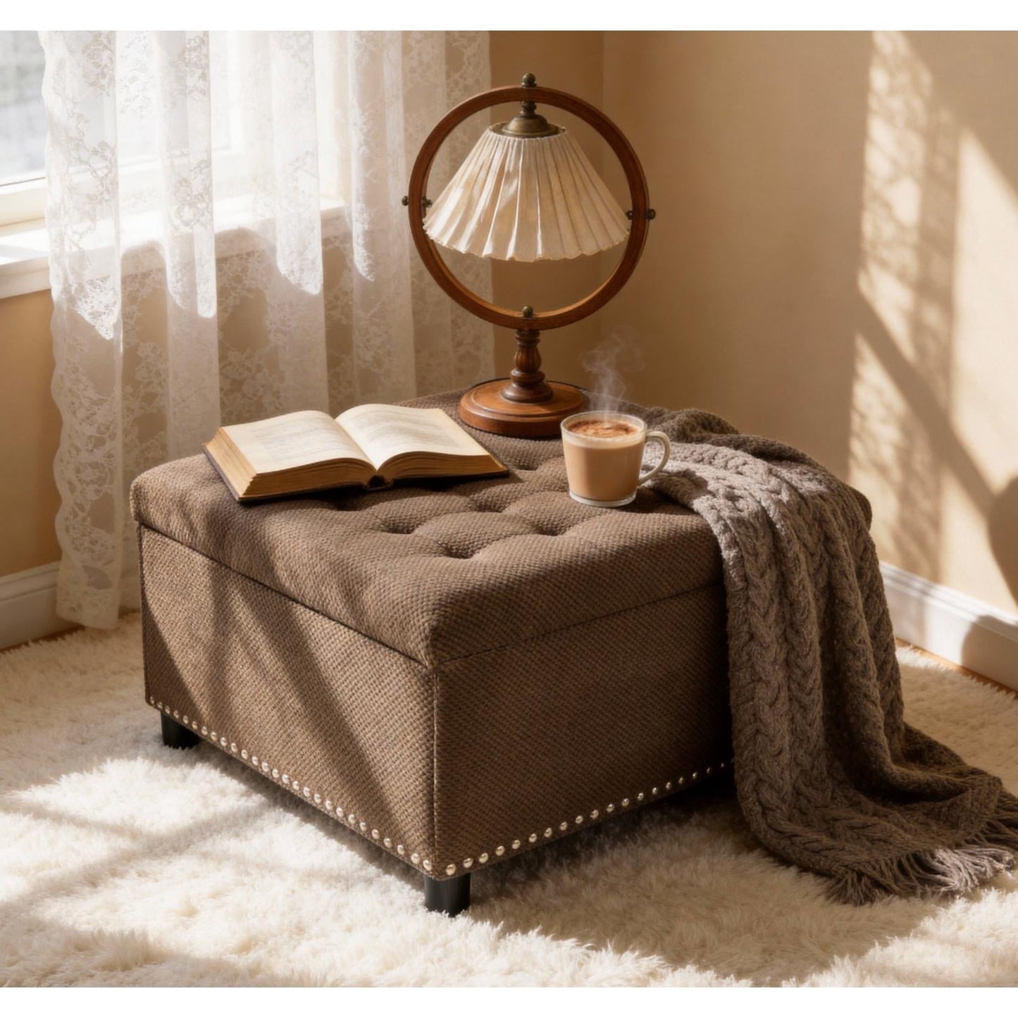 Tufted Storage Ottoman with Nailhead Trim, Square Footstool with Hidden Storage Compartment, Upholstered Coffee Table for Living Room, Bedroom, Black