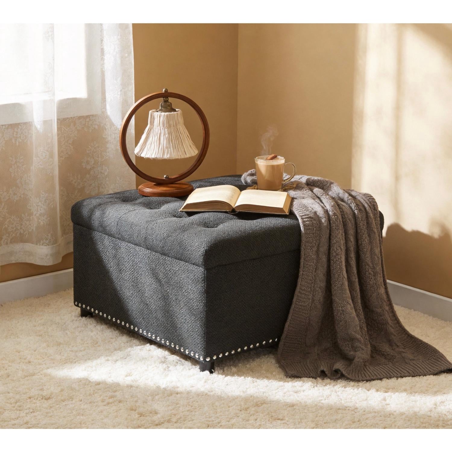 Tufted Storage Ottoman with Nailhead Trim, Square Footstool with Hidden Storage Compartment, Upholstered Coffee Table for Living Room, Bedroom, Dark Grey