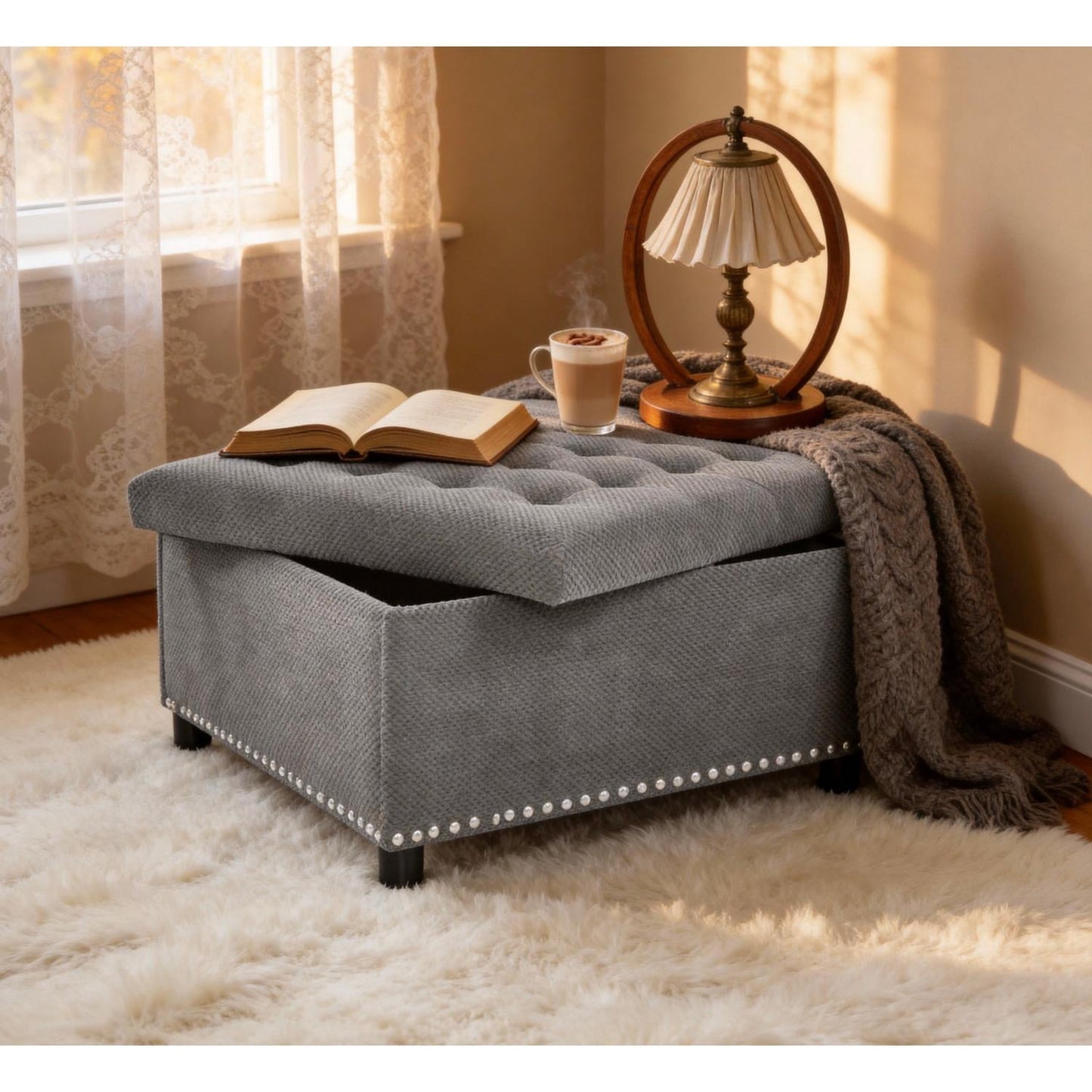 Tufted Storage Ottoman with Nailhead Trim, Square Footstool with Hidden Storage Compartment, Upholstered Coffee Table for Living Room, Bedroom, Light Gray