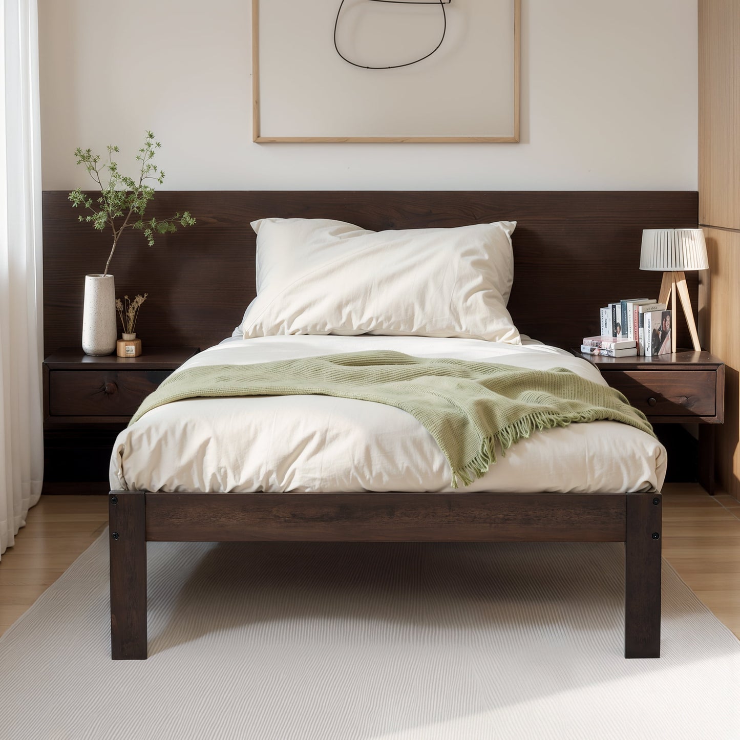 Twin Size Bed Frame, Solid Wood Platform with Wood Slat Support,No Box Spring Needed, Dark Walnut