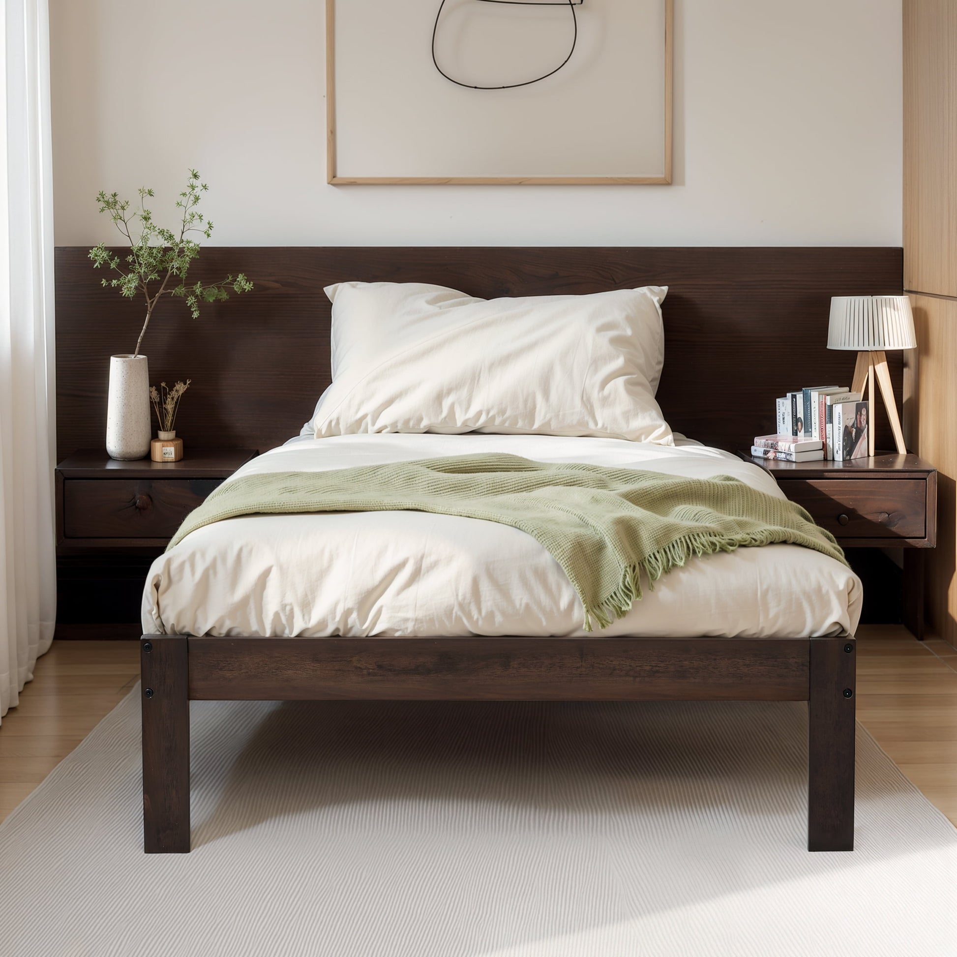 Twin Size Bed Frame, Solid Wood Platform with Wood Slat Support,No Box Spring Needed, Dark Walnut