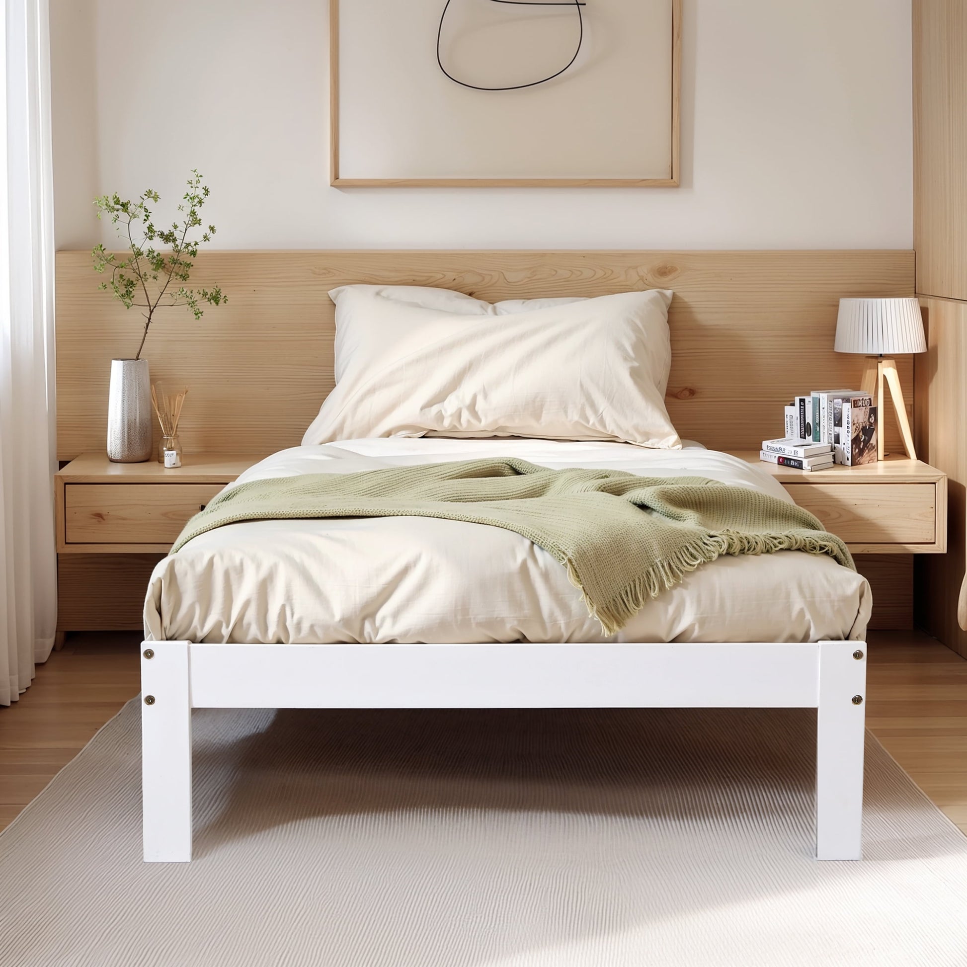 Twin Size Bed Frame, Solid Wood Platform with Wood Slat Support, No Box Spring Needed, White