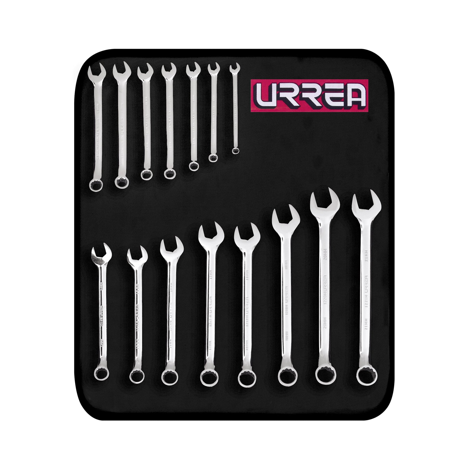 URREA Metric full polished 12 point combination wrench set, 15 pieces.