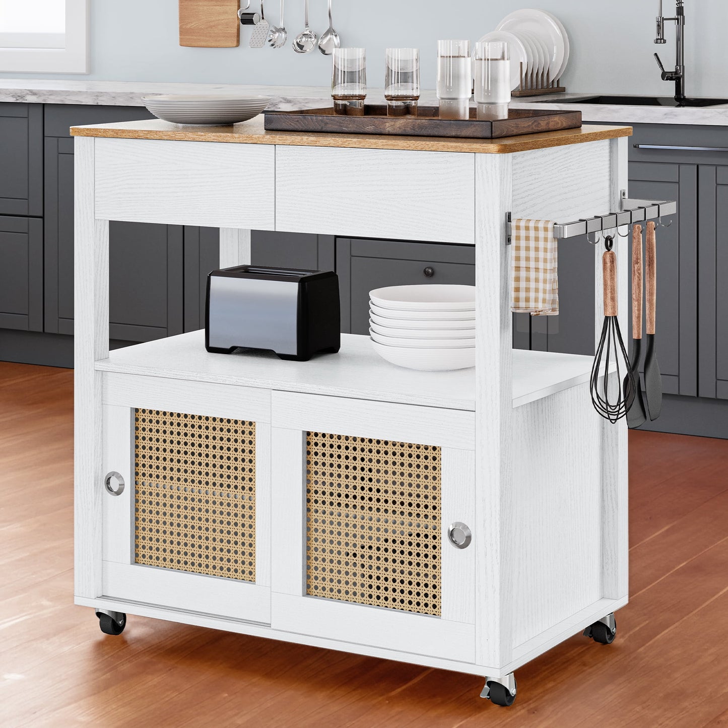 Uforic 3 Tier Kitchen Island Carts on Wheels with Storage,with Large Capacity Storage Drawers for Kitchen and Dining Room, White