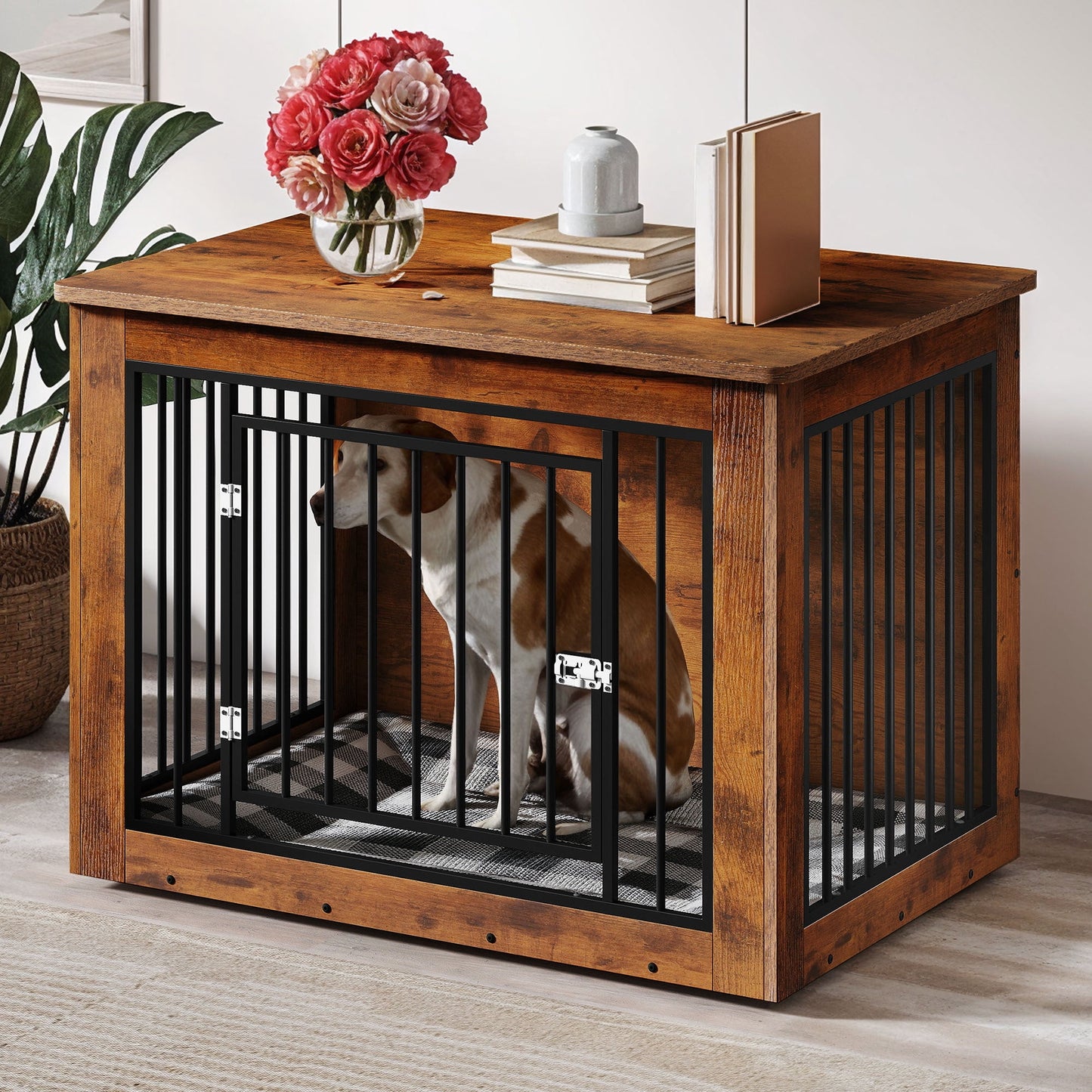 Uforic 38 Inch 2-in-1 Iron-Wood Fusion Indoor Dog Kennel Side End Table for Large Dogs, Waterproof Top & Safety Rounded Corner with Steel Lock, Holds up to 60 lbs, Rustic Brown
