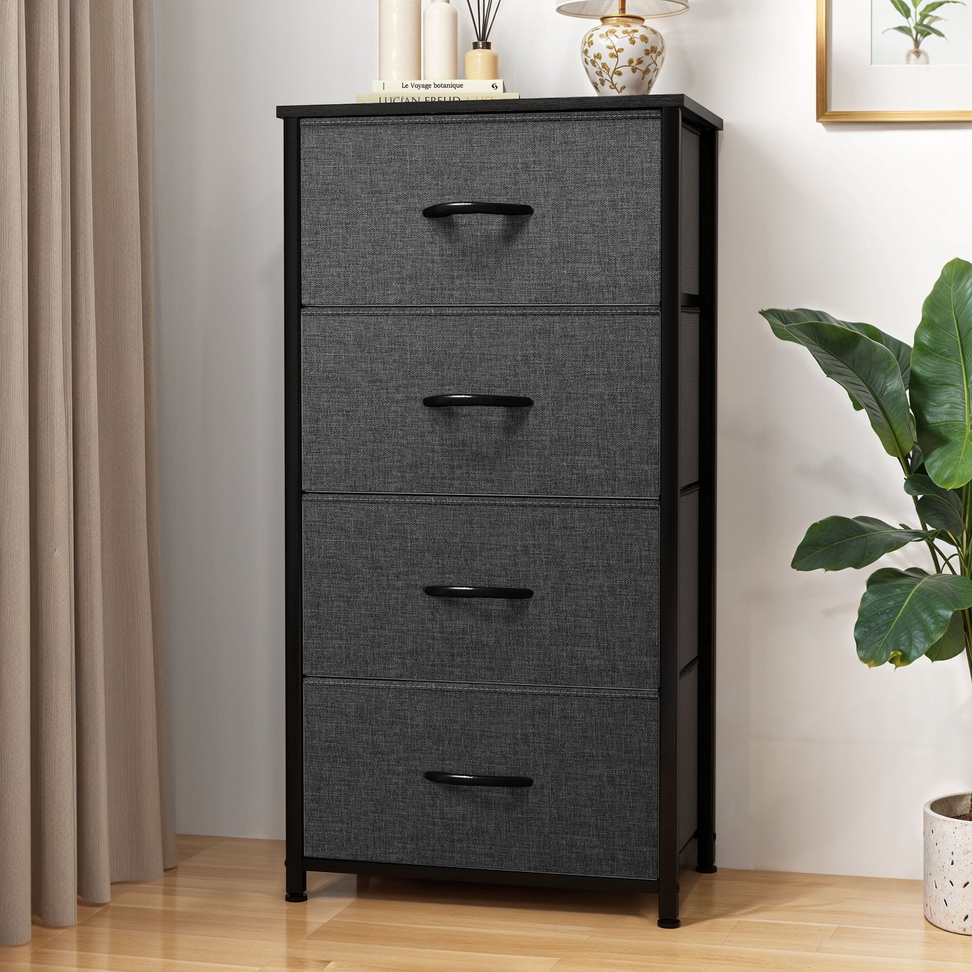 Uforic 4 Drawer Dresser Fabric Chest of Drawers Furniture Storage Organizer for Living Room,,Hallway, Black Grey