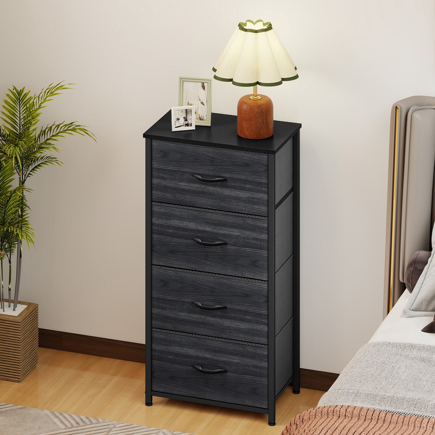 Uforic 4 Drawer Dresser Fabric Chest of Drawers Furniture Storage Organizer for Living Room,,Hallway, Black Wood Grain