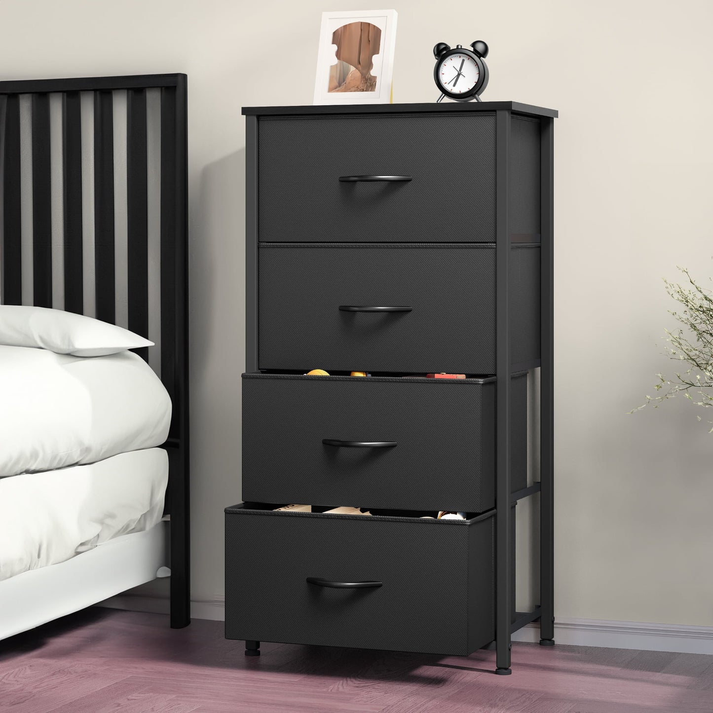 Uforic 4 Storage Dressers with Fabric Dresser Organizer Unit Wide Chest Of Drawers Nightstand Storage Tower for , Black