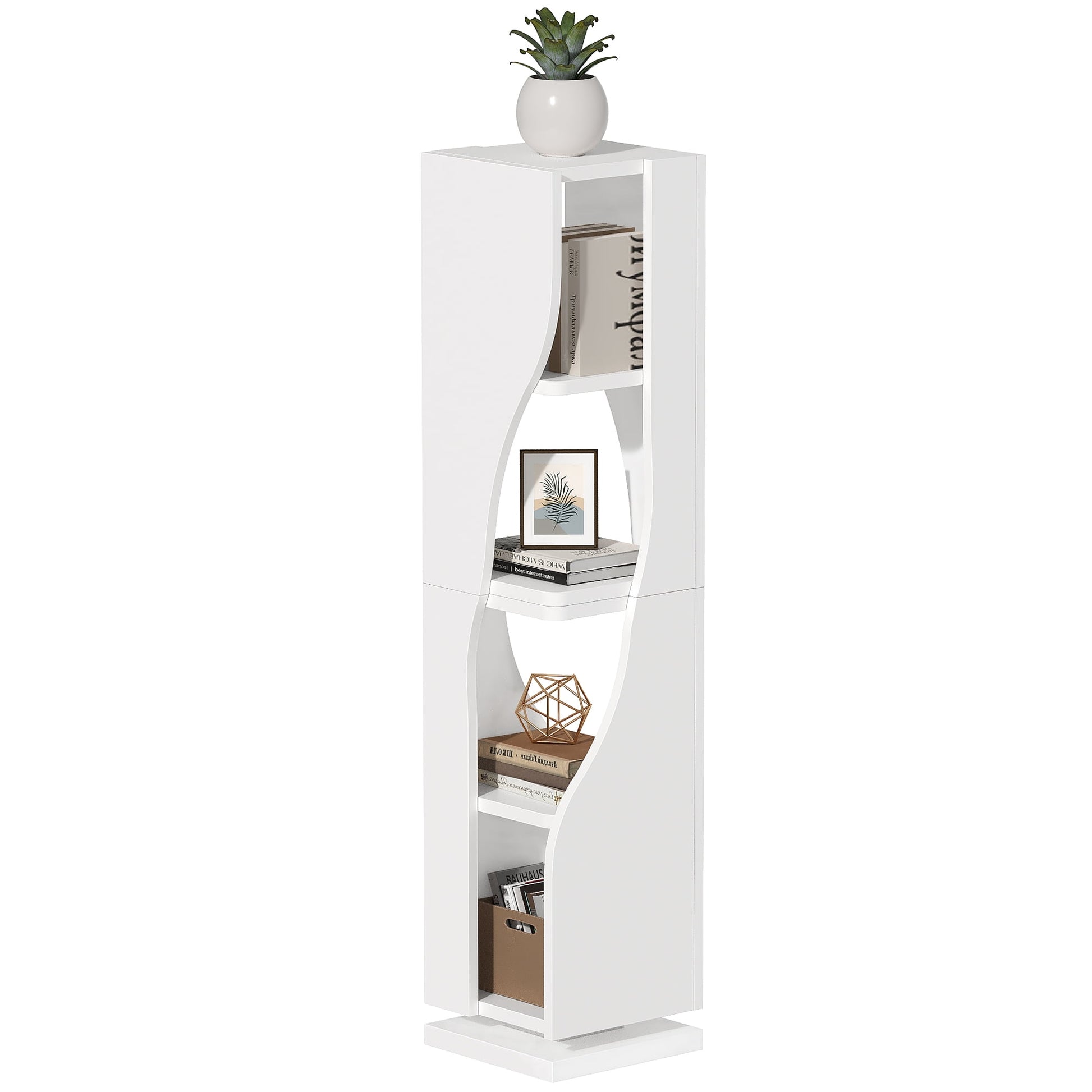 Uforic 4-Tier Narrow Bookcase with LED Light, 71.5" Rotating Bookshelf, Geometric Modern Corner Shelf, Shelf Storage Organizer Corner Shelf for Home Office, White