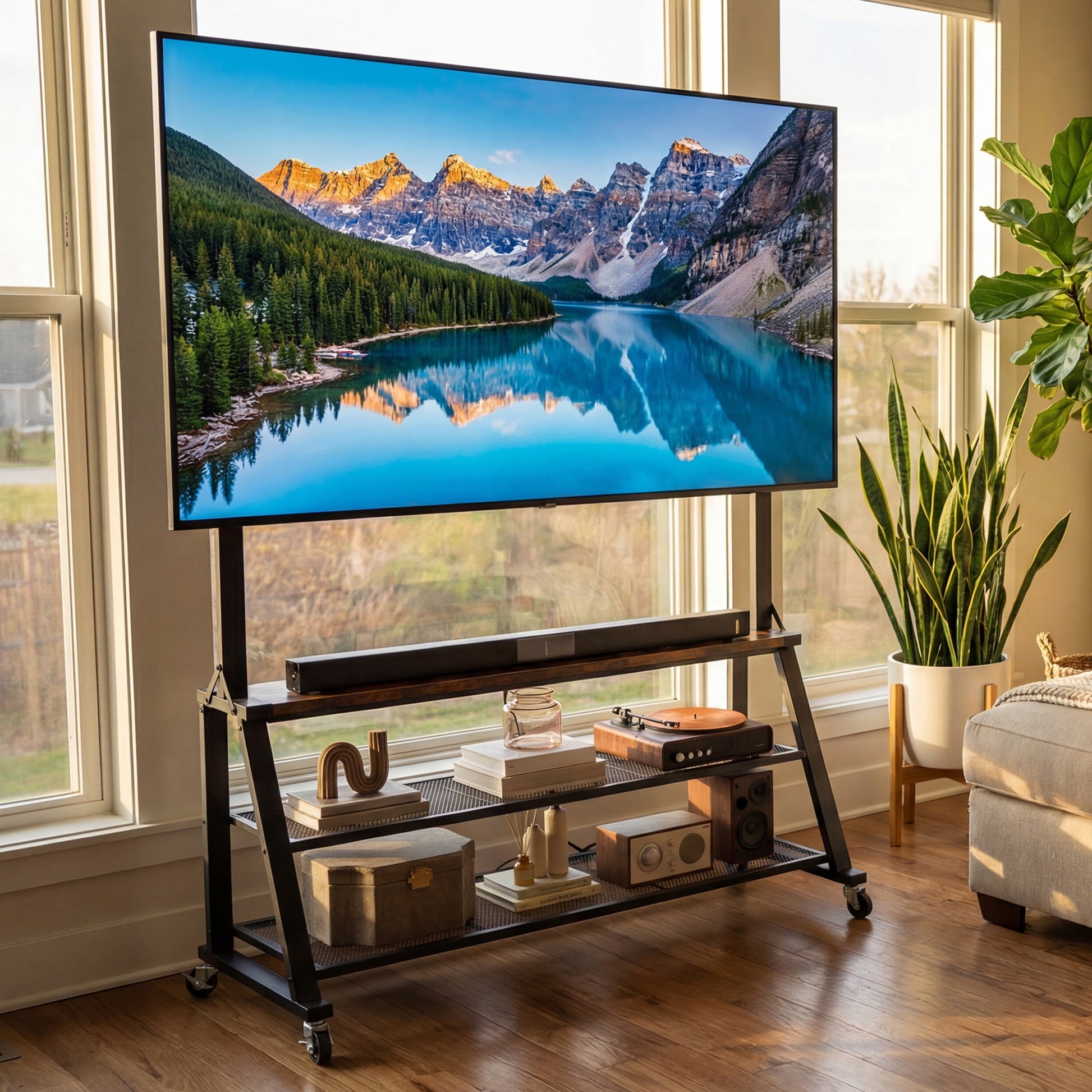 Uforic 46"W Rolling TV Stand with Lockable Wheels & Power Outlets, Mobile Cart for 32-75 Inch TVs, Rustic Brown