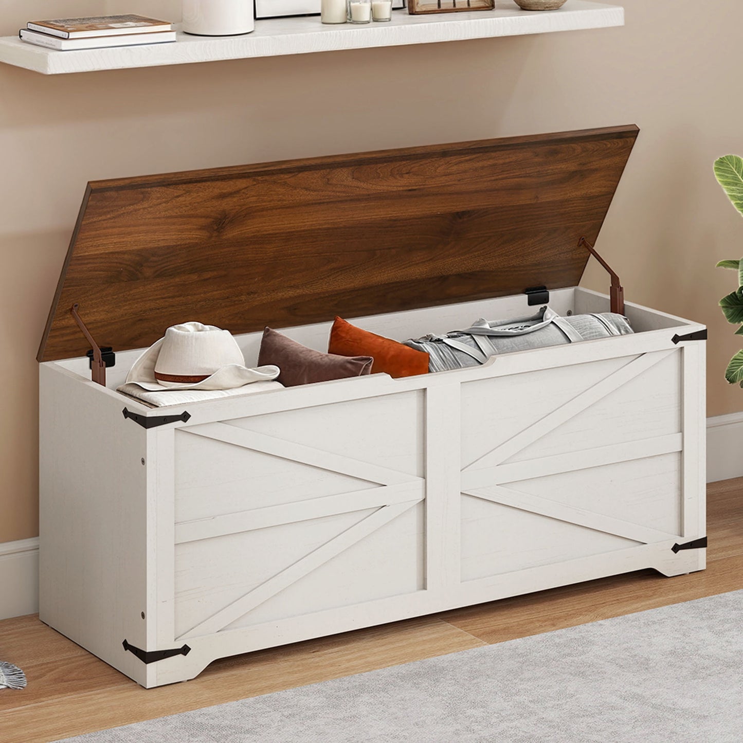 Uforic 47.2" Farmhouse Storage Bench, Wooden Chest with Safety Hinges, Shoe Organizer - Rustic Brown