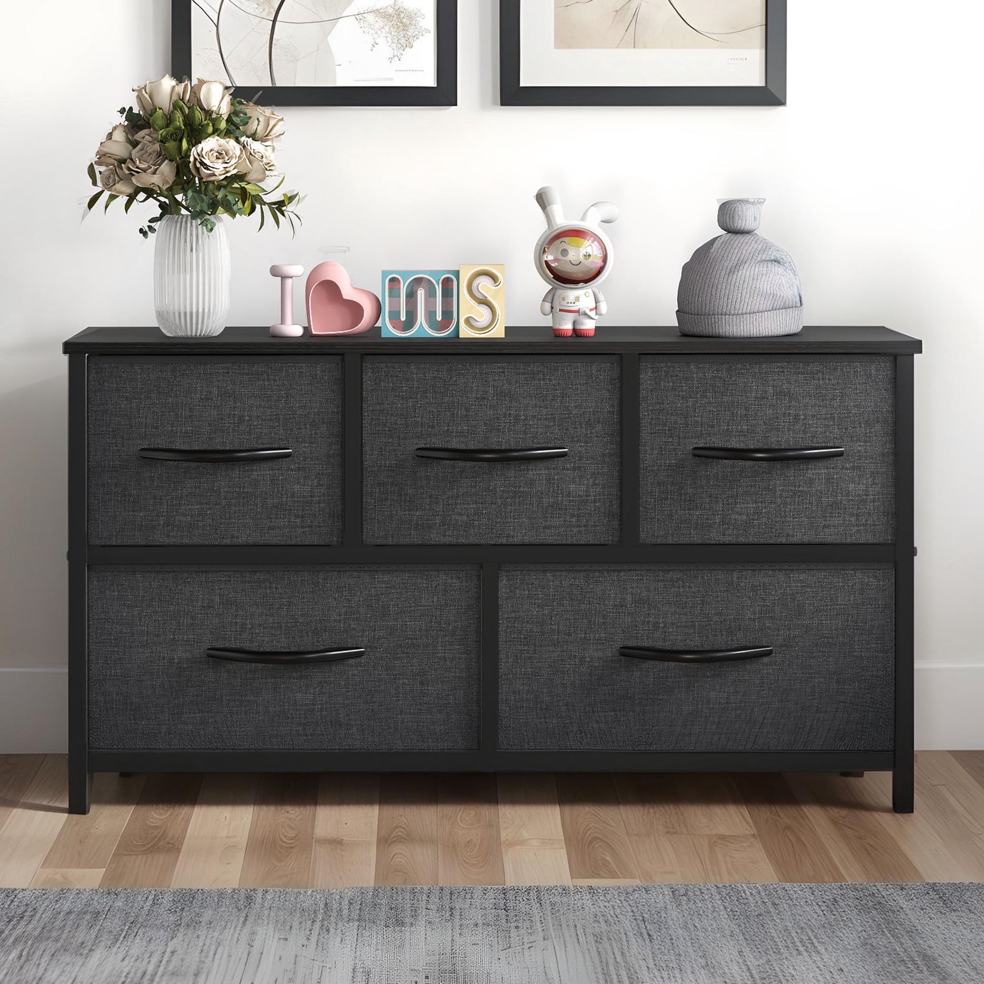 Uforic CÃ³moda de 5 Cajones de Tela, Amplia CÃ³moda con Superficie de Madera para Sala de Estar, Pasillo, Negro