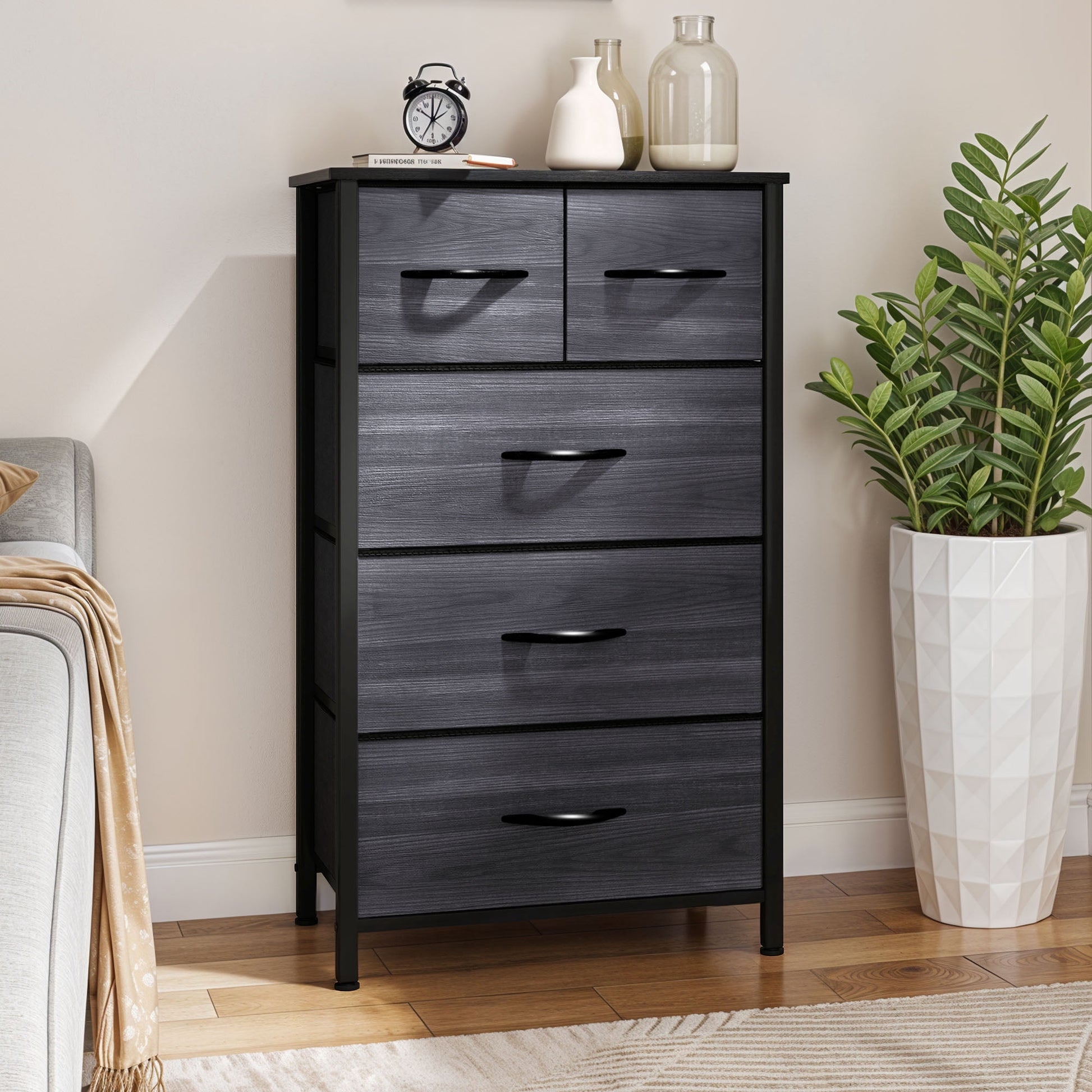 Uforic 5 Drawer Dresser Fabric,with Wooden Top and Steel Frame,Black Wood Grain Dresser for Bedroom,Living Room
