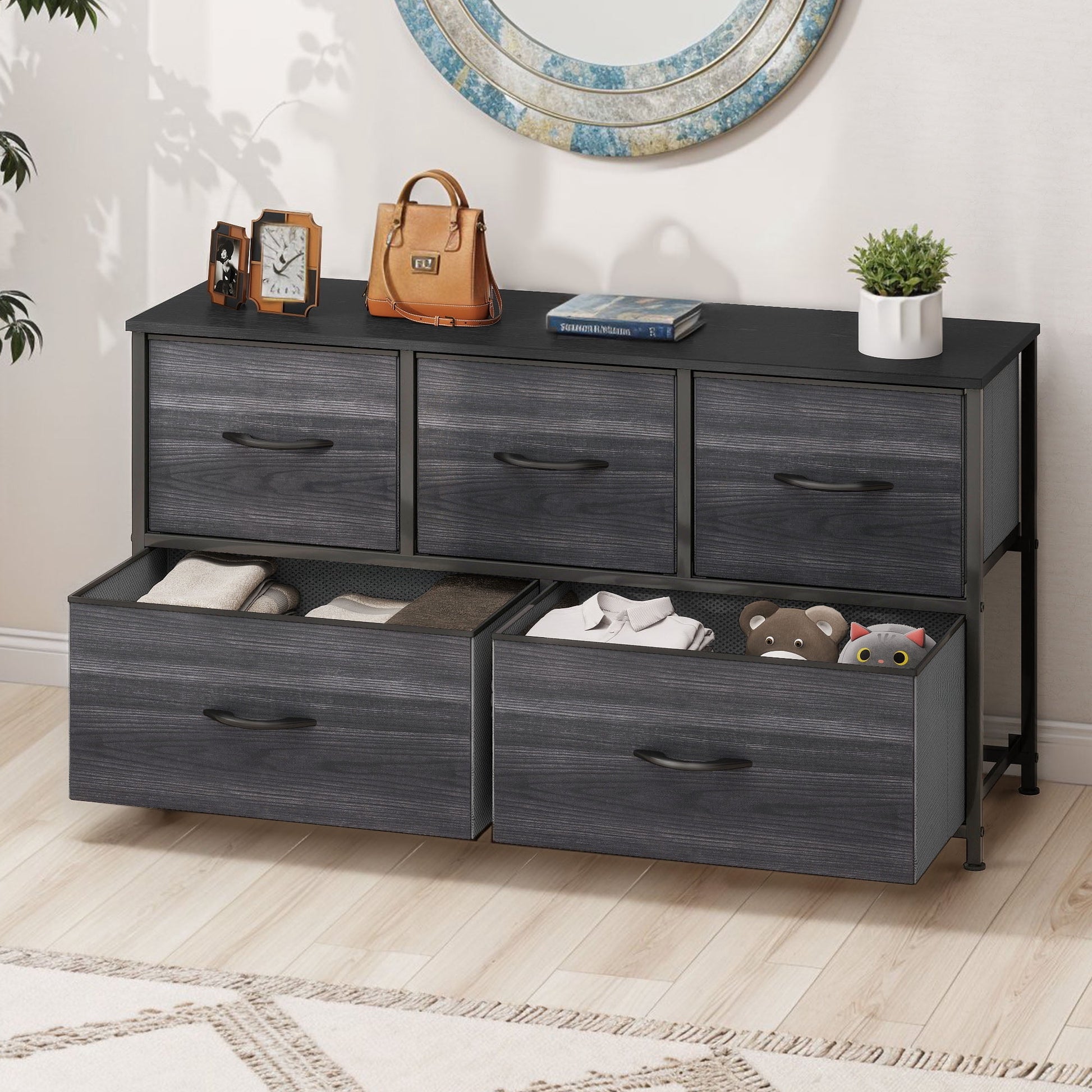 Uforic 5-Drawer Storage Fabric Dressers with Steel Frame & Wood Top for , Living Room, Black Wood Grain