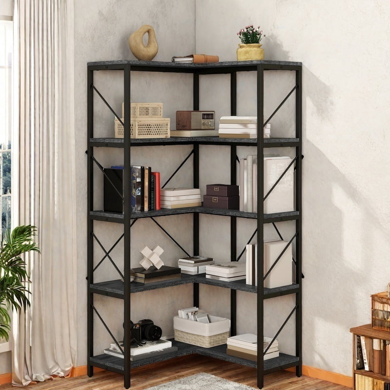 Uforic 5-Tier Corner Bookshelf, Corner Shelf Display Bookcase with Metal Frame for Home Office, Black