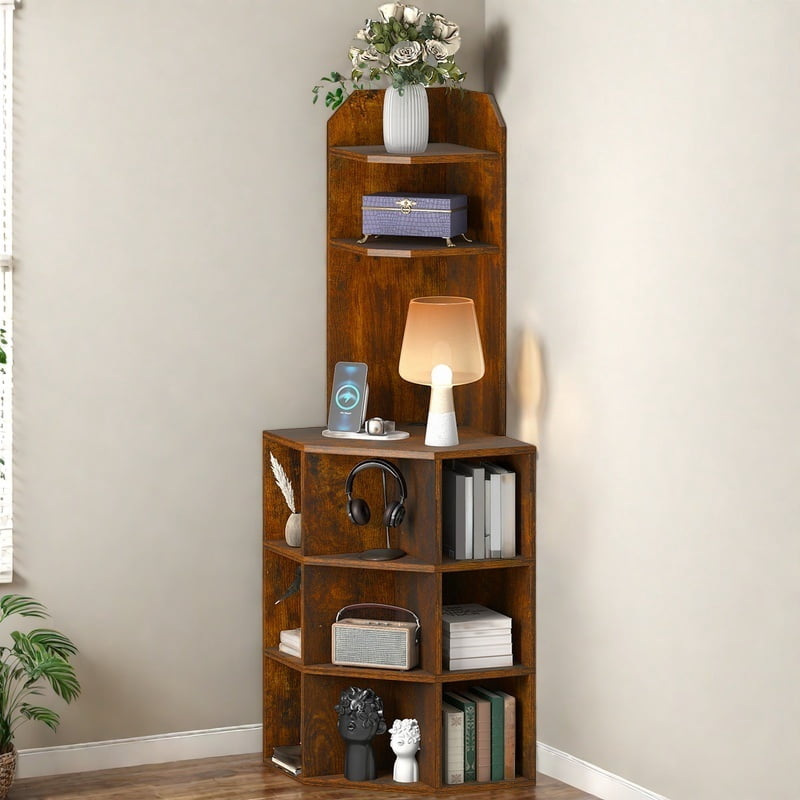 Uforic 5-Tier Corner Shelf with 9 cube,  Wooden Display Bookcases Bookshelf  with USB Ports, White