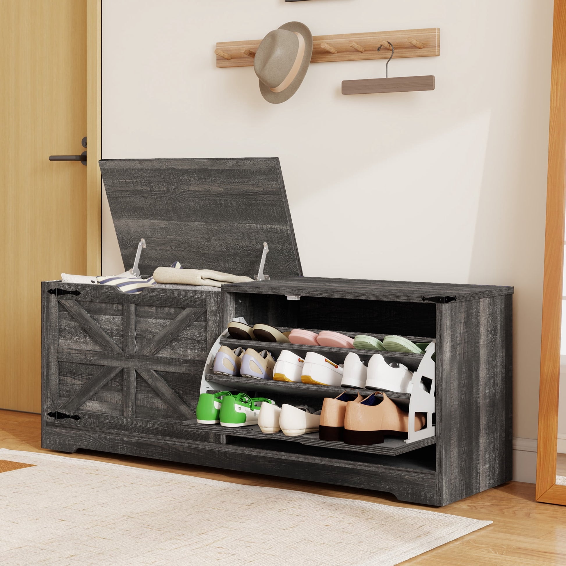 Uforic 55" Farmhouse Wooden Shoe Storage Bench, Black Oak