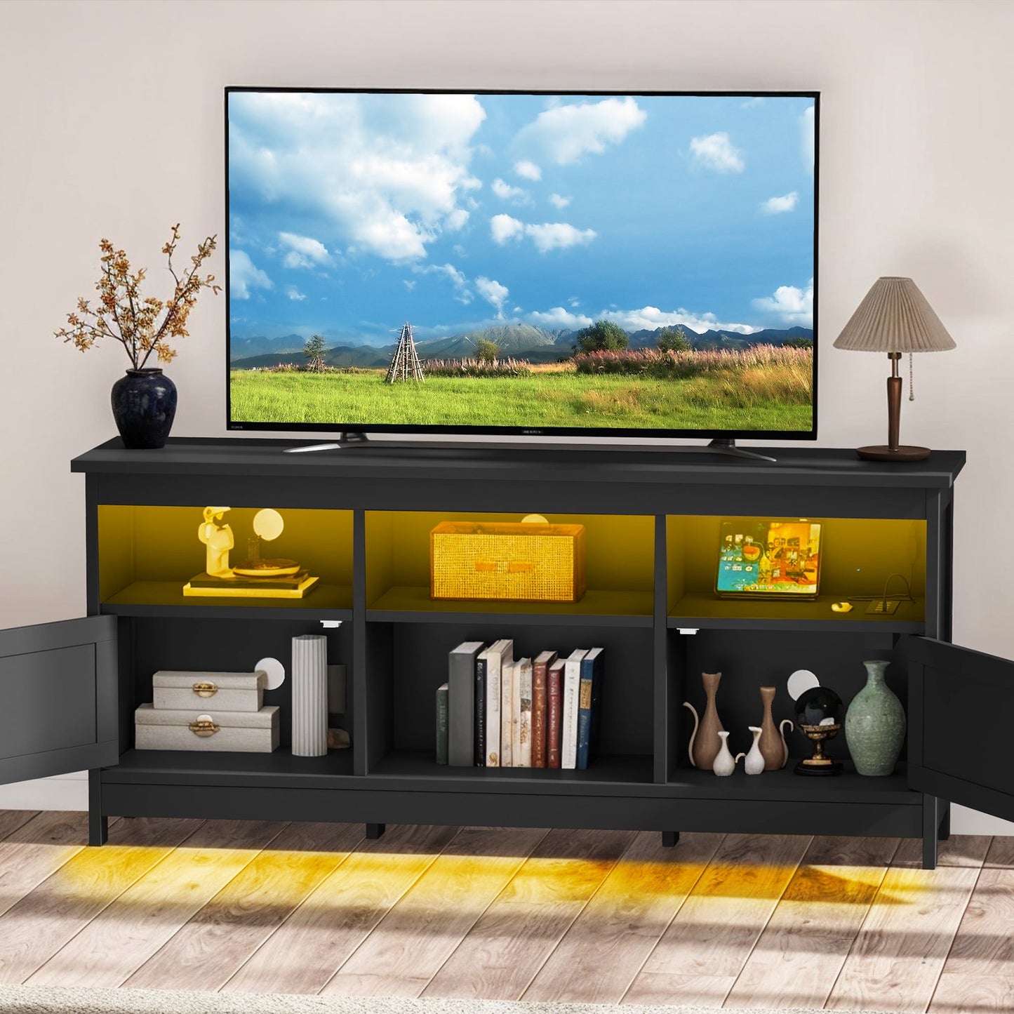 Uforic 59" TV Stand for 65" TV , White Entertainment Center with Storage Cabinets, Open Shelves, 24-Color LED Light Strip & Built-in Power Strip, Black