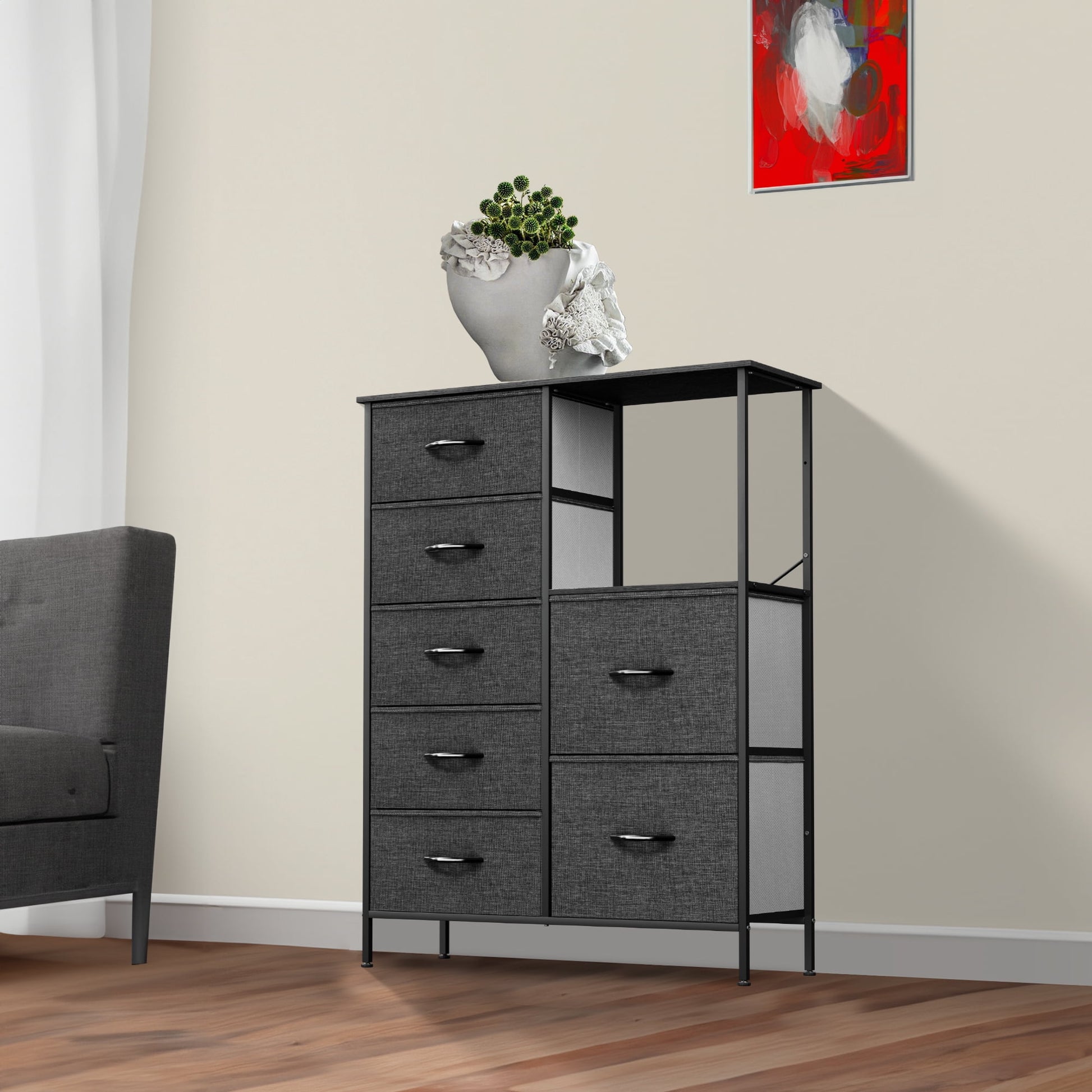 Uforic 7-Drawer Fabric Dresser for , Storage with Steel Frame & Wooden Top, Light Gray