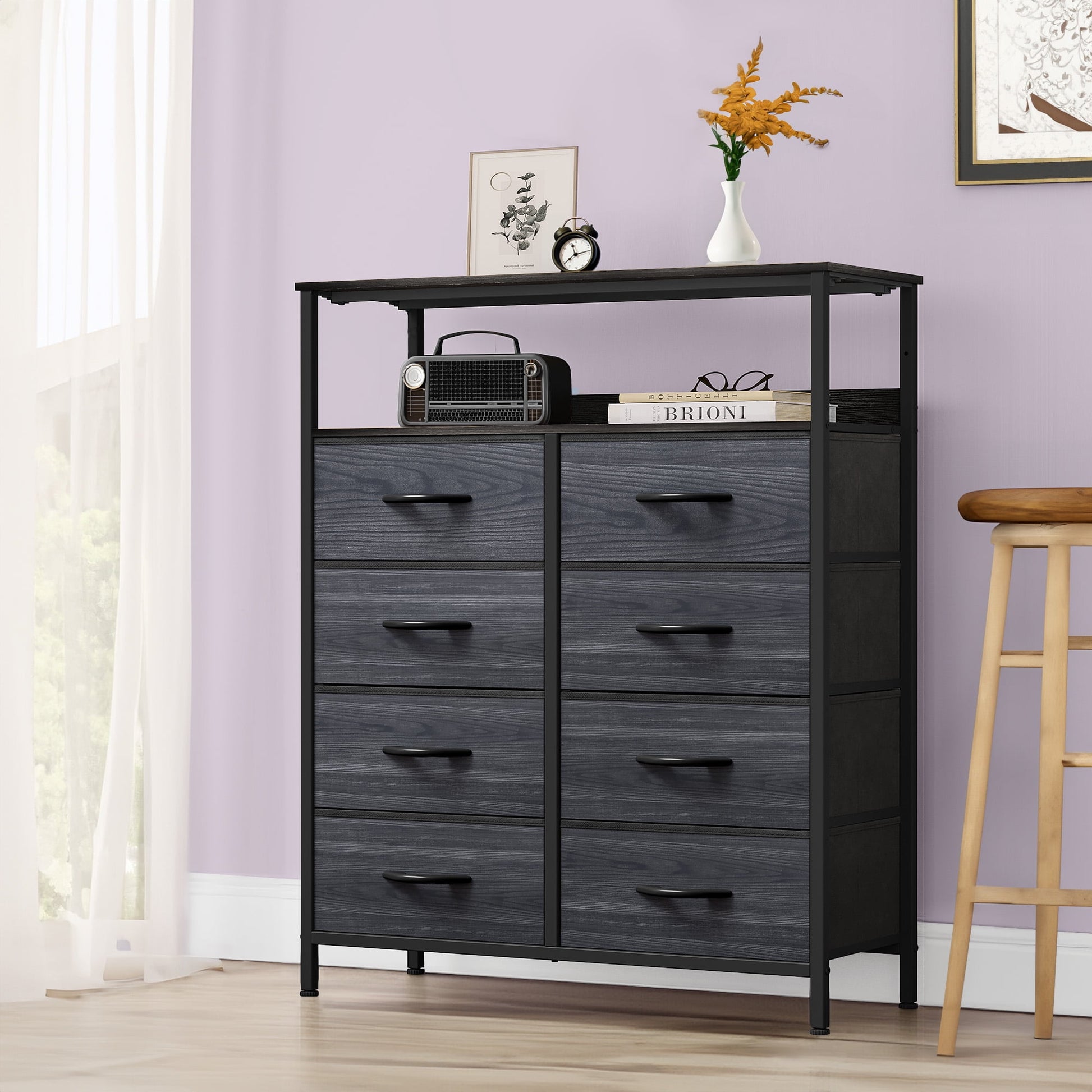Uforic 8-Drawer Fabric Dresser with Shelves, Steel Frame, for Adults, Black