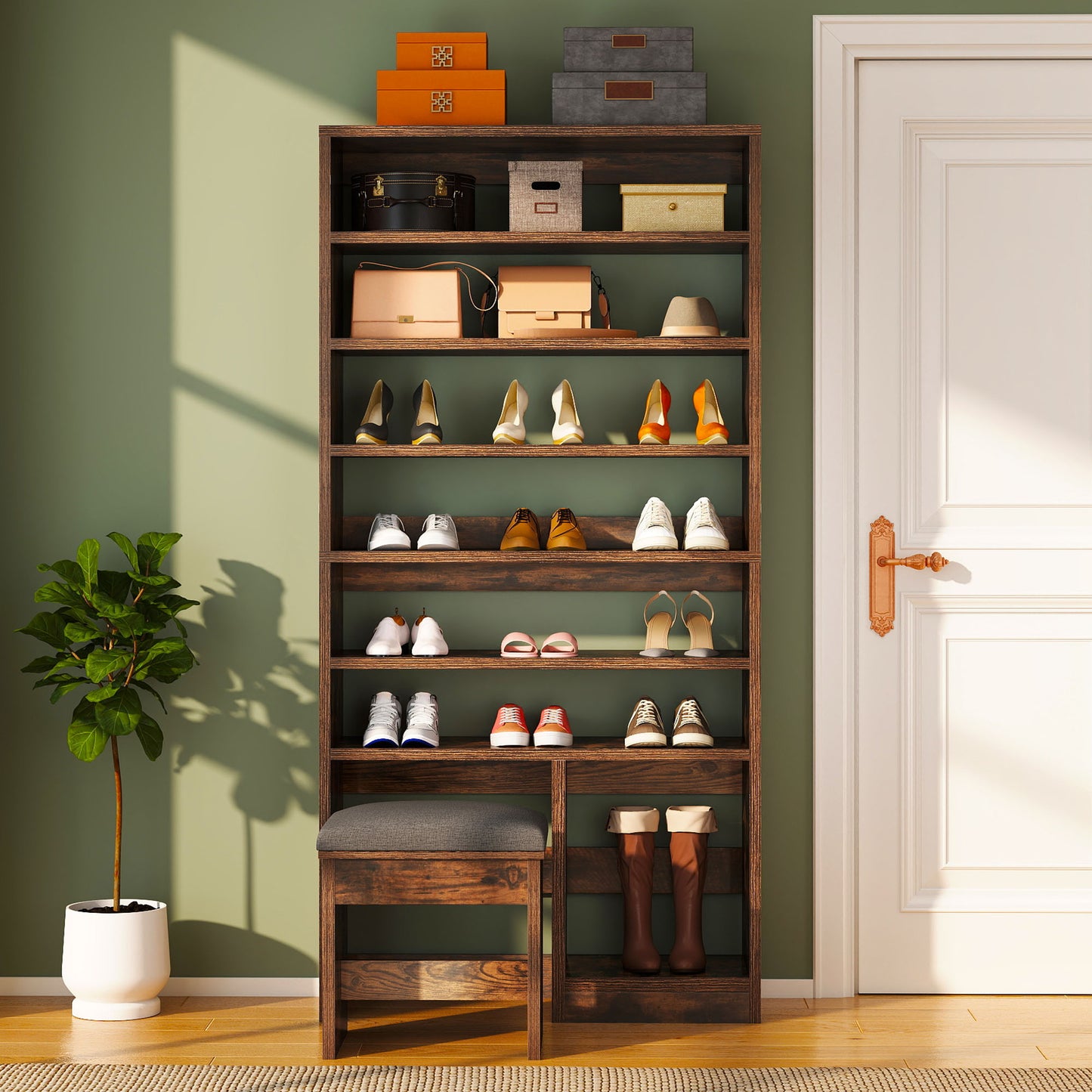 Uforic 8-Tier Entryway Shoe Storage Bench, Multi-Level Shoe Cabinet with Large Boot Storage, Ideal for Home and Living Room, Brown
