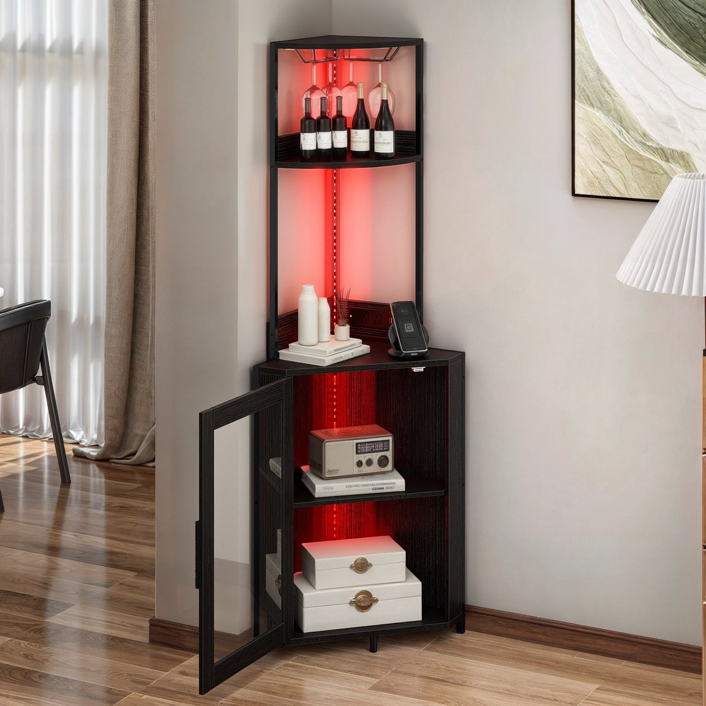 Uforic Corner Shelf with Door & LED Light, 5 Tier Corner Bar Cabinet with Power Outlets, Black