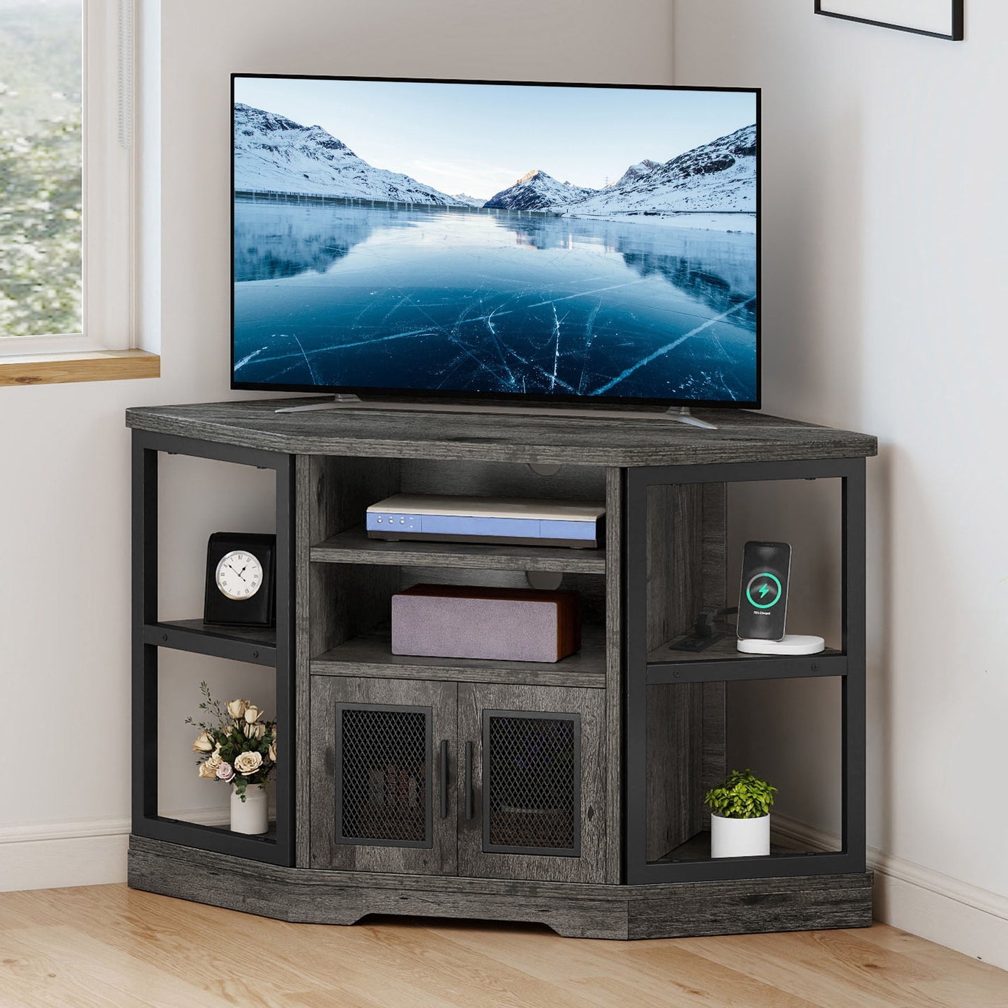 Uforic Corner TV Stand for TVs up to 55", Farmhouse Entertainment Center with Power Outlet, Gray