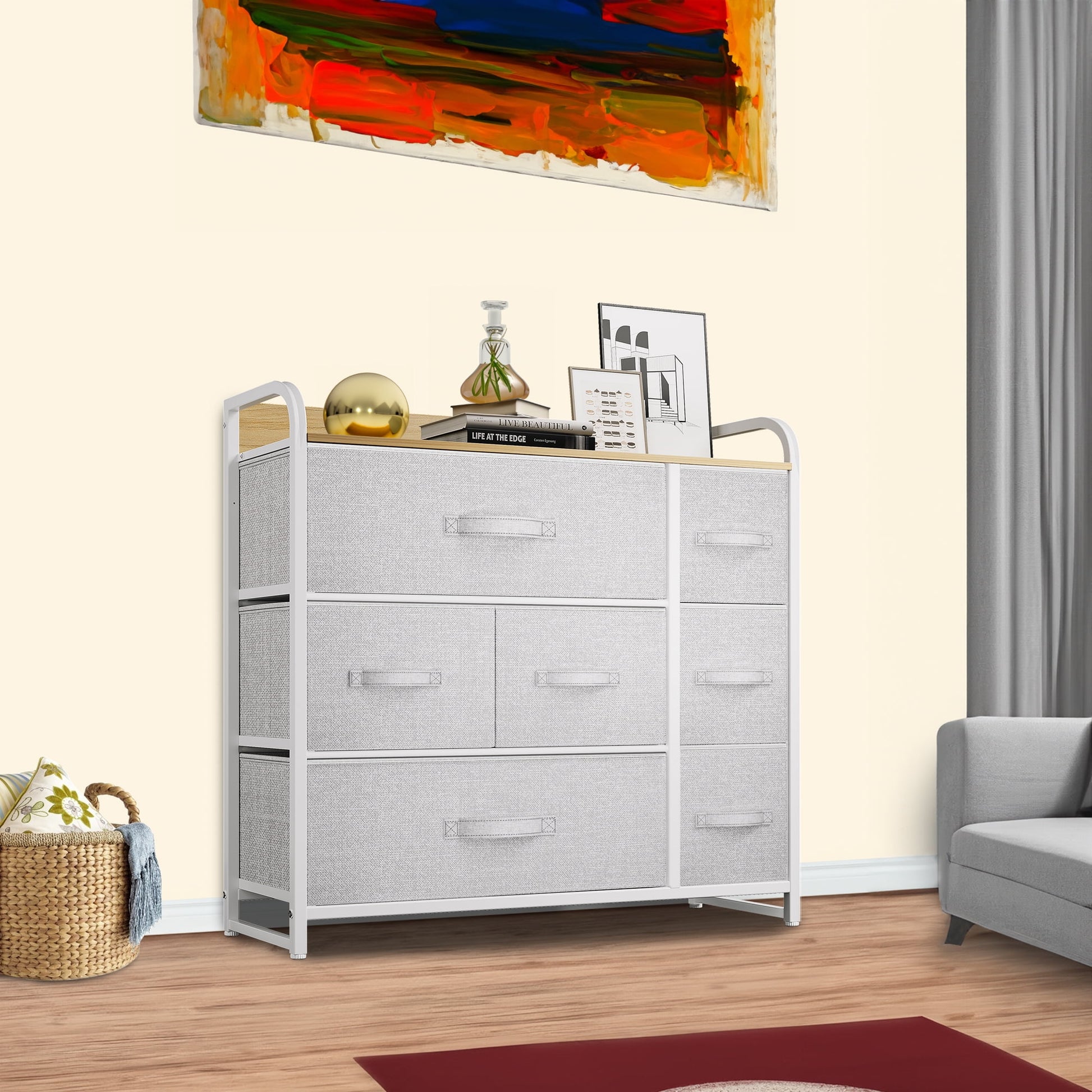 Uforic Fabric Storage Dresser with 7 Drawers Steel Frame & Wooden Top Versatile Organizer for Bedroom, Living Room, Hallway & Closet Light Gray