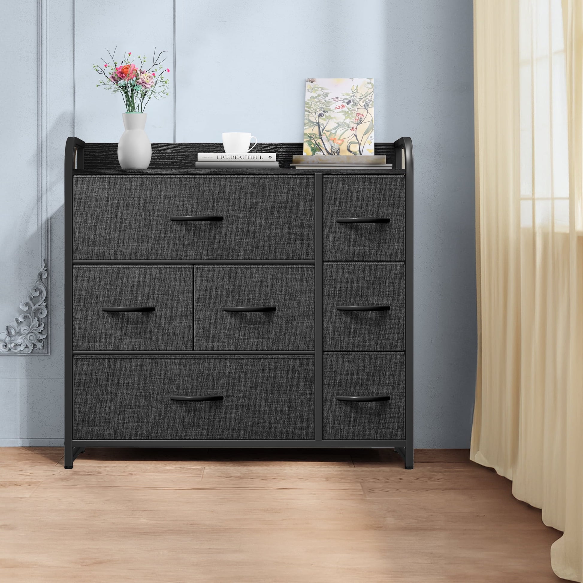Uforic Fabric Storage Dresser with 7 Drawers Steel Frame & Wooden Top for Bedroom, Living Room, Hallway & Closet Black Gray