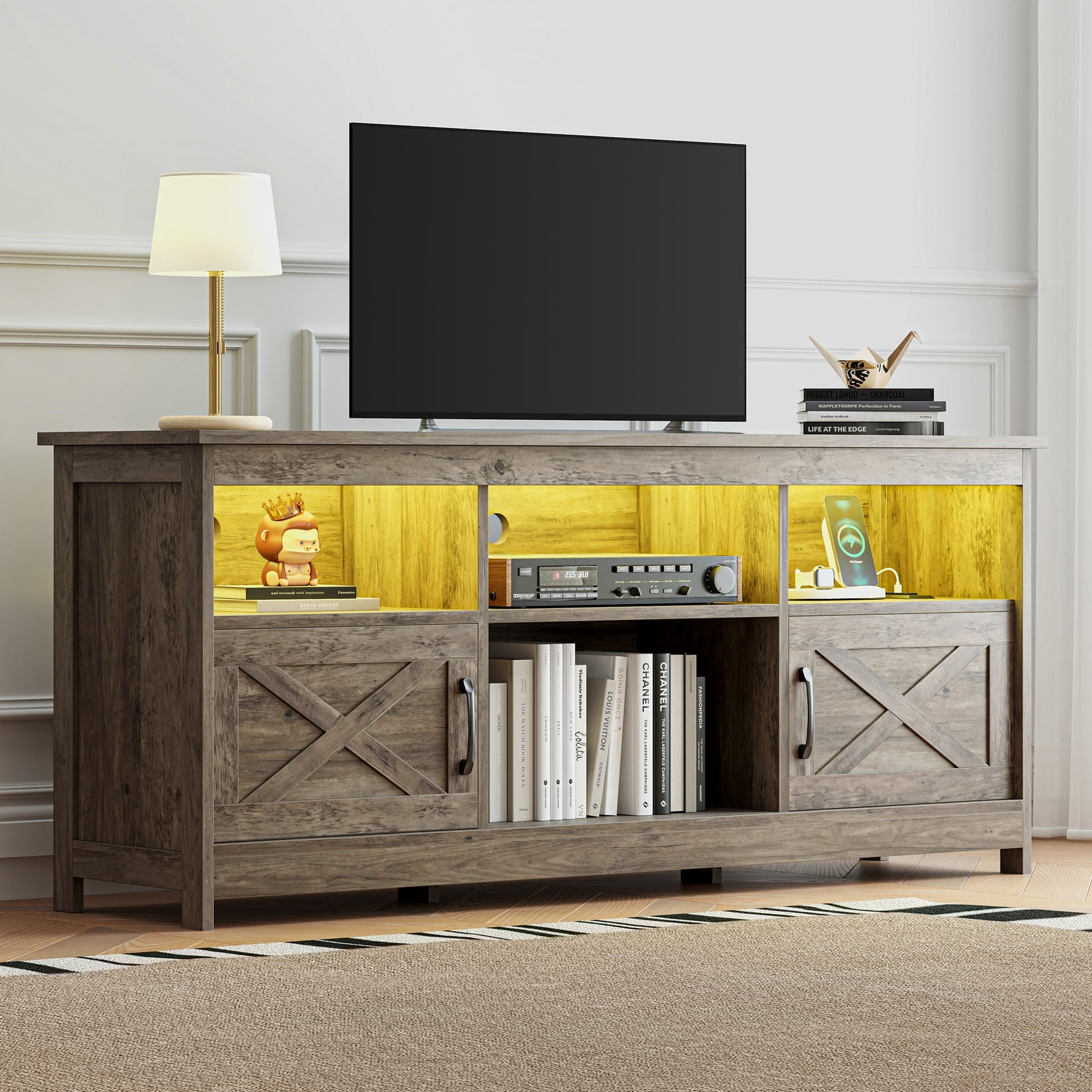 Uforic Farmhouse-Inspired TV Stand with Power Outlet, LED-Lit Media Console, Simplistic TV Cabinet for Living Room or Bedroom, Rustic Gray, 59 Inch