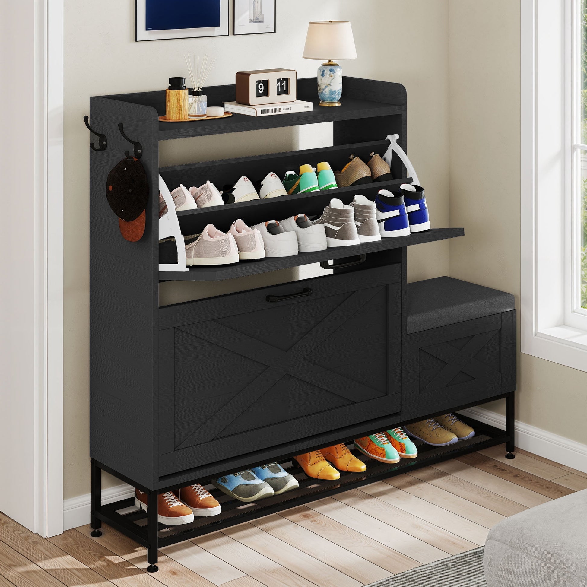 Uforic Farmhouse Narrow Slim Shoe Storage Cabinet with 2 Flip Drawers&Shoe Bench for 16 Pairs for Entryway, Foyer, Black