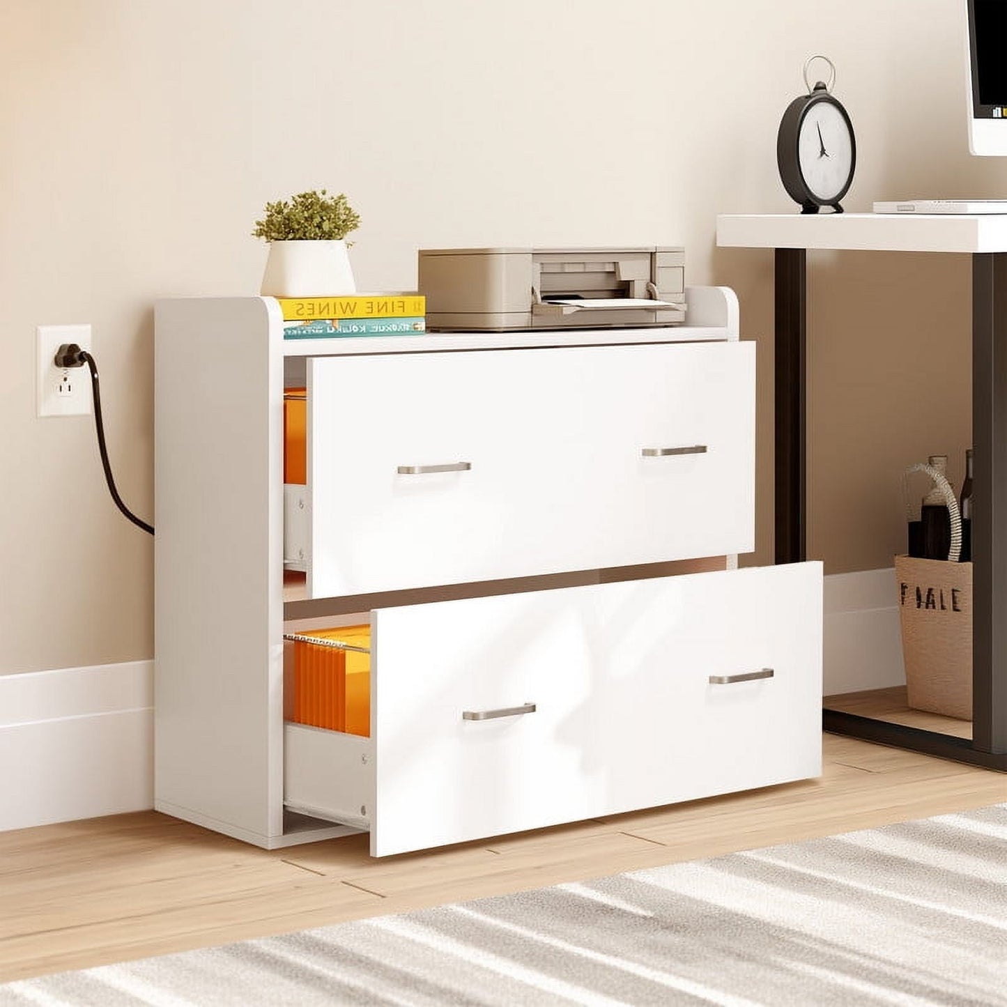 Uforic File Cabinet with Charging Station, Wood Lateral Filing Cabinet Printer Stand for Home Office, White