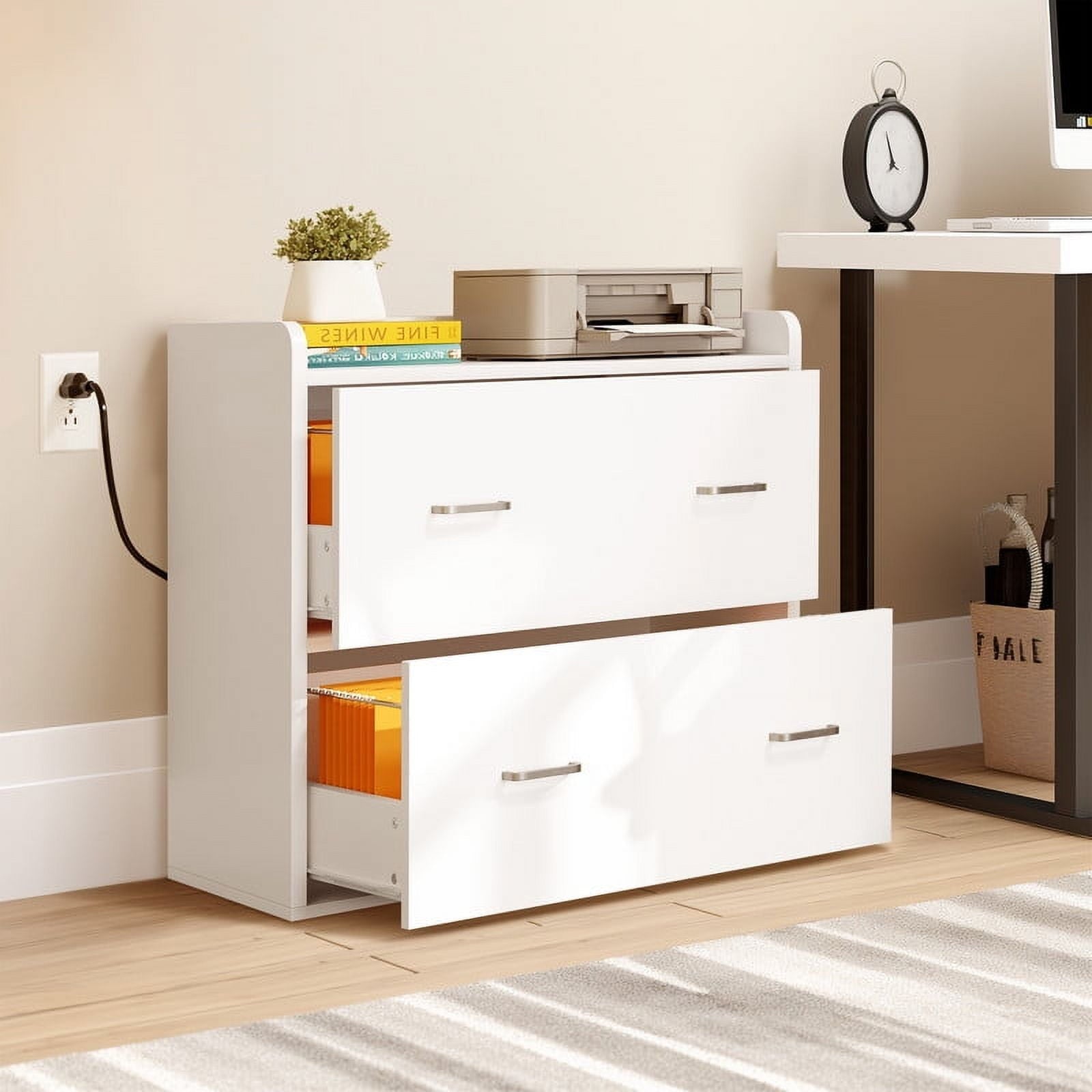 Uforic File Cabinet with Charging Station, Wood Lateral Filing Cabinet Printer Stand for Home Office, White