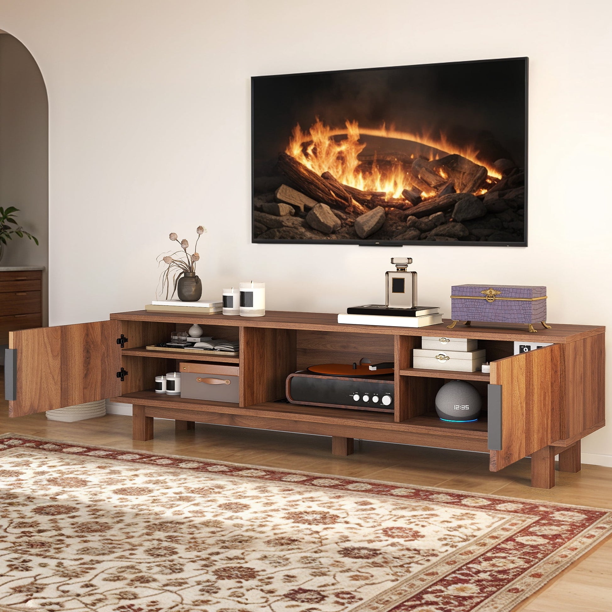 Uforic Fluted TV Stand for Living Room, 59" Mid Century Modern Entertainment Center with Power Outlets & Storage Compartments, Media Console for TVs up to 65 Inch, Brown