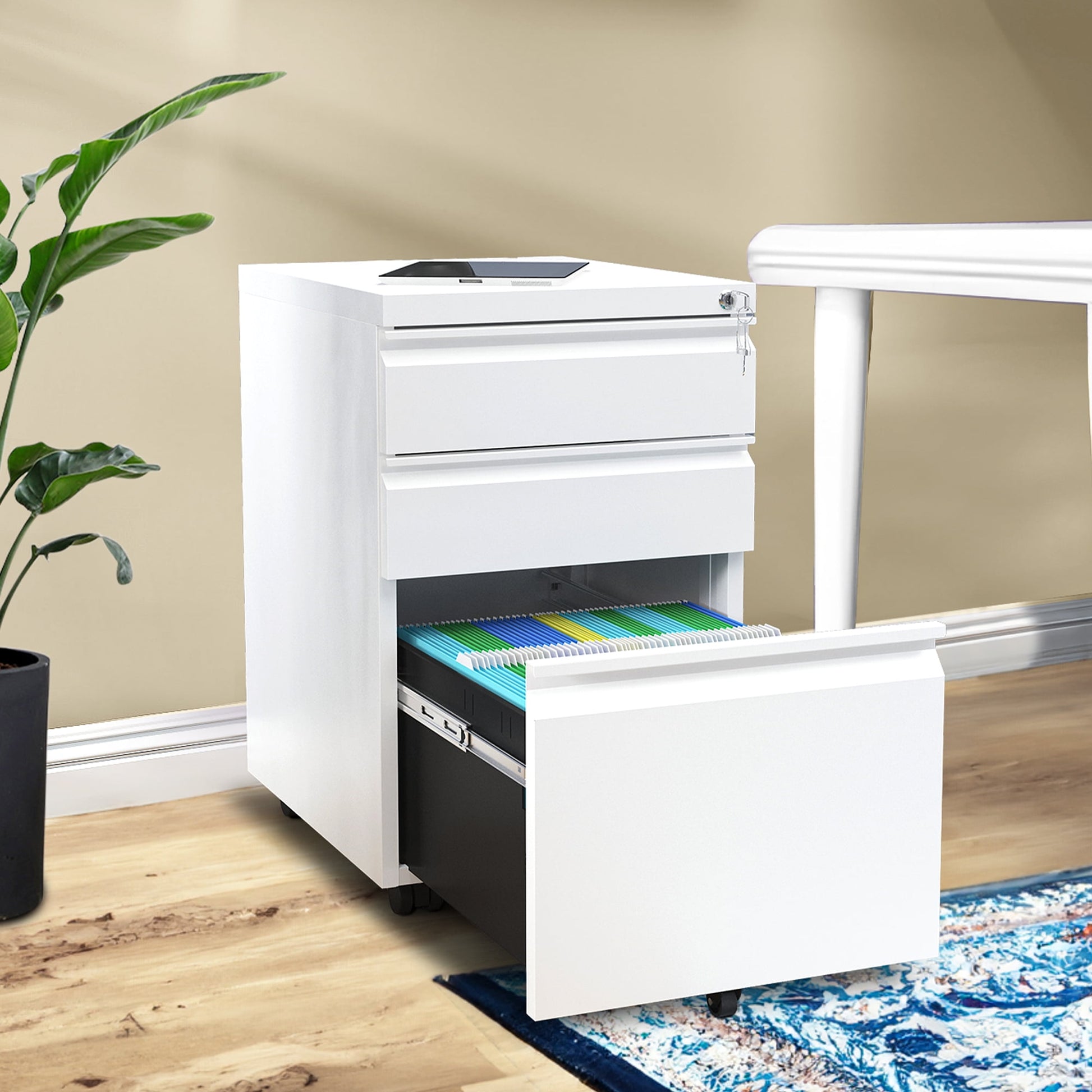 Uforic Fully Assembled 3-Drawer Lockable File Cabinet for Letter/Legal/A4 Size, Mobile Filing Cabinet with Wheels, White