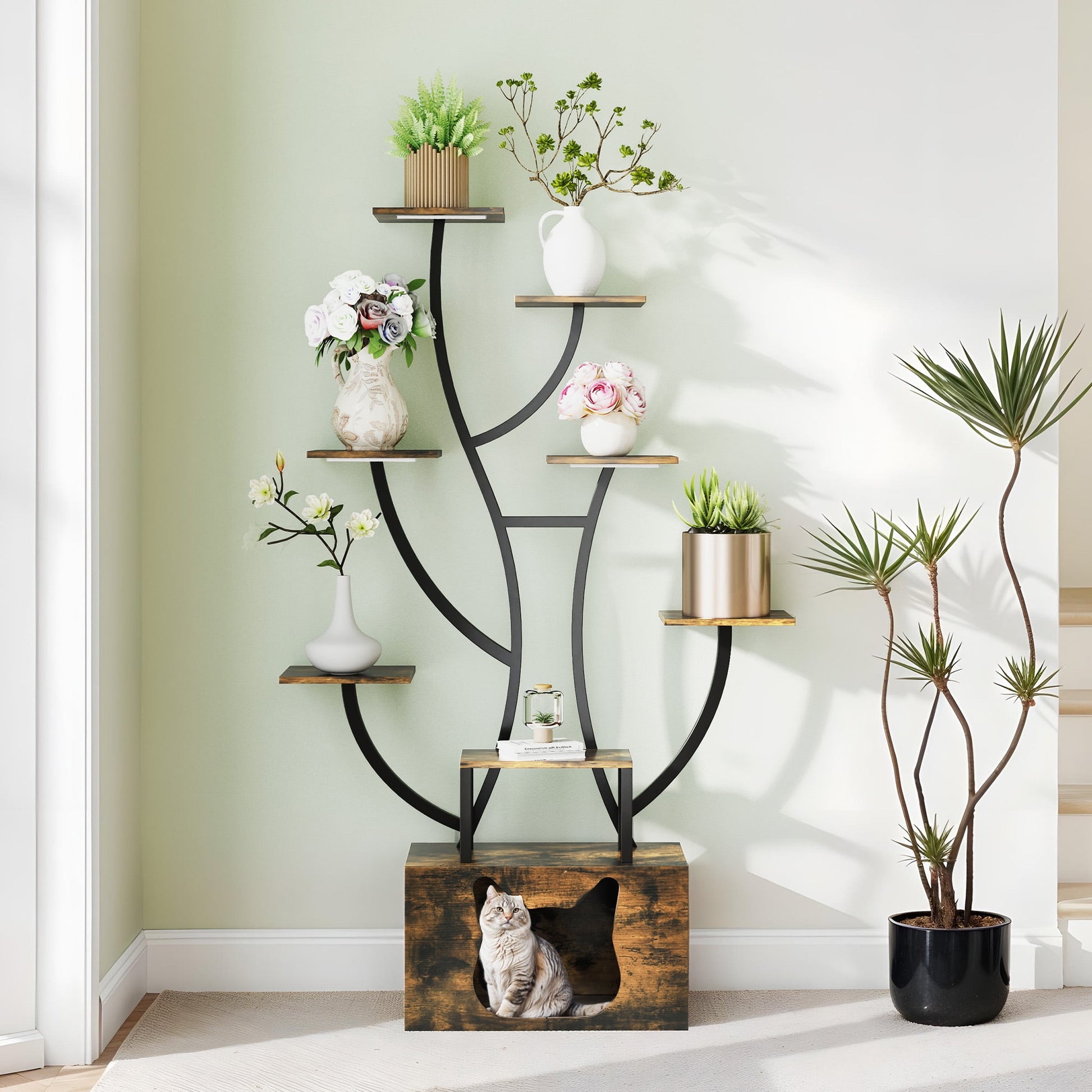 Uforic Indoor Plant Stand with Grow Lights, 63" Multiple Pots Metal Flower Stands Plant Shelf with Cat Litter Box