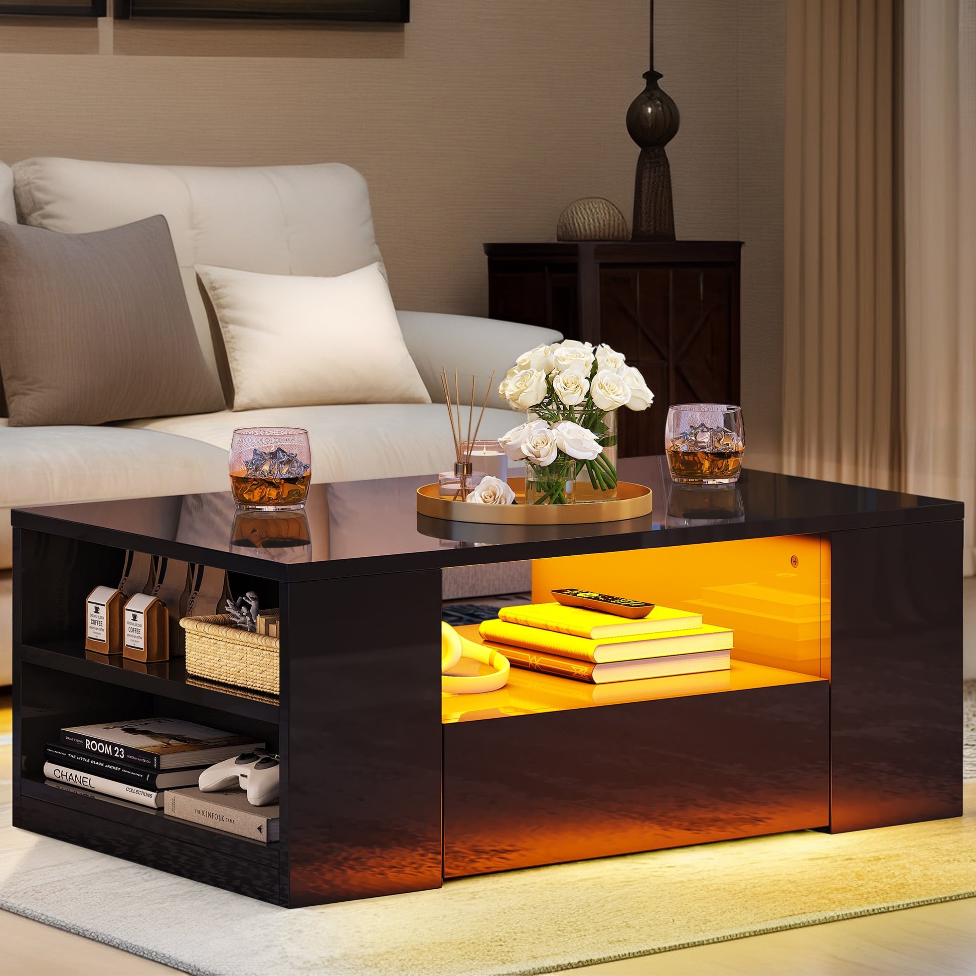 Uforic LED Coffee Tables High Glossy Center Table with 2 Sliding Drawers and Open Shelf, Black
