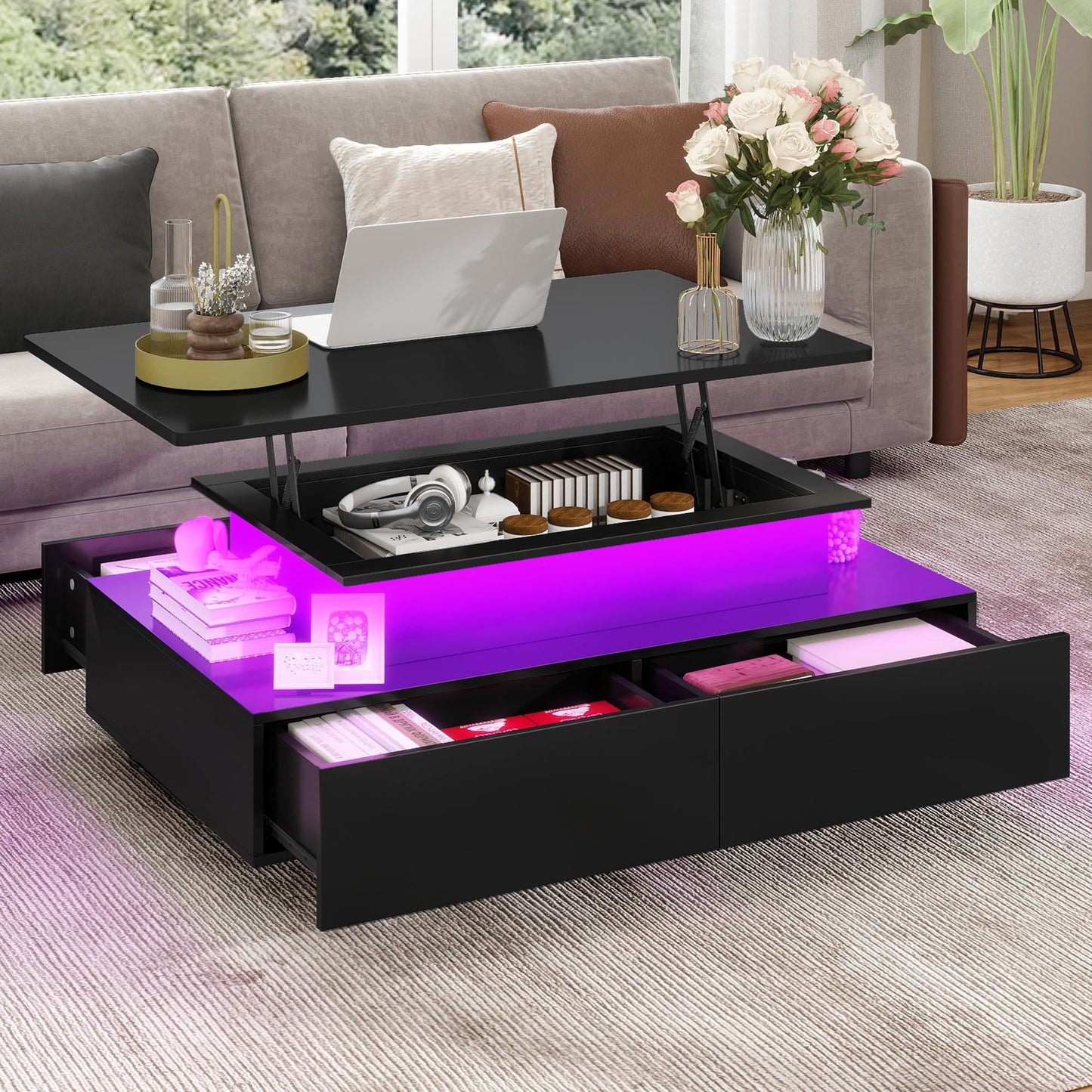 Uforic LED Lift Top Coffee Table, Modern Living Room Tables with 4 Spacious Drawers, Black