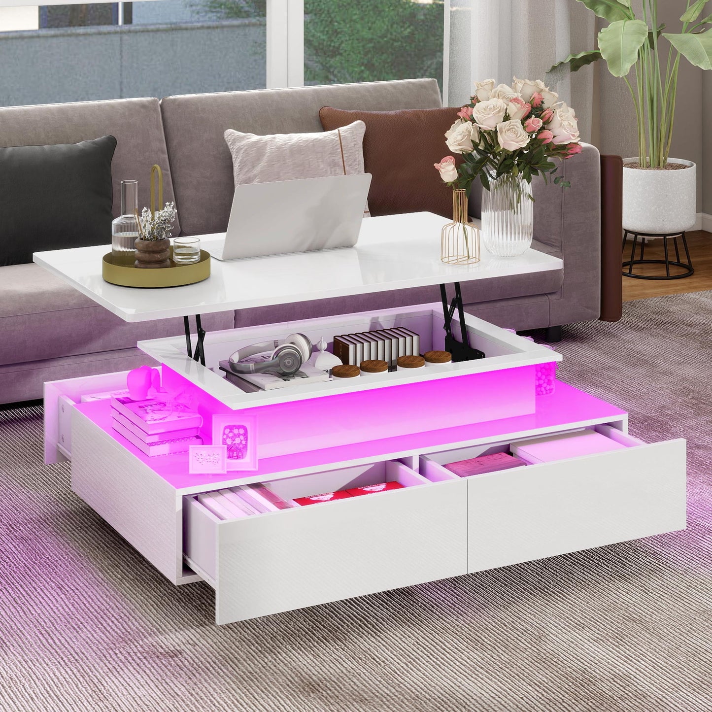 Uforic LED Lift Top Coffee Table with 4 Drawers and Hidden Storage, Modern White Finish