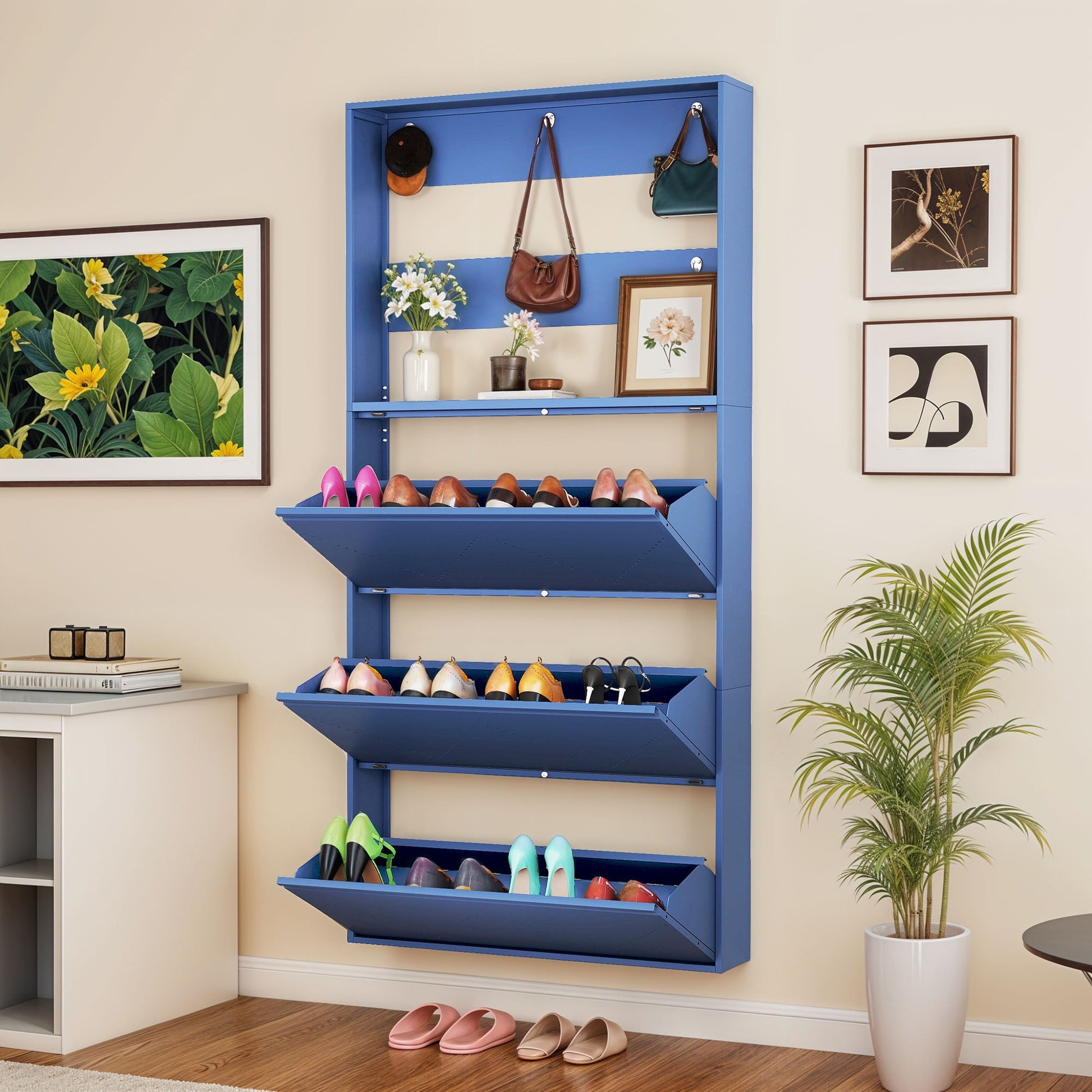 Uforic Gabinete MetÃ¡lico para Zapatos con 3 Cajones Abatibles, Organizador de Zapatos para Pared con Perchero, Blanco