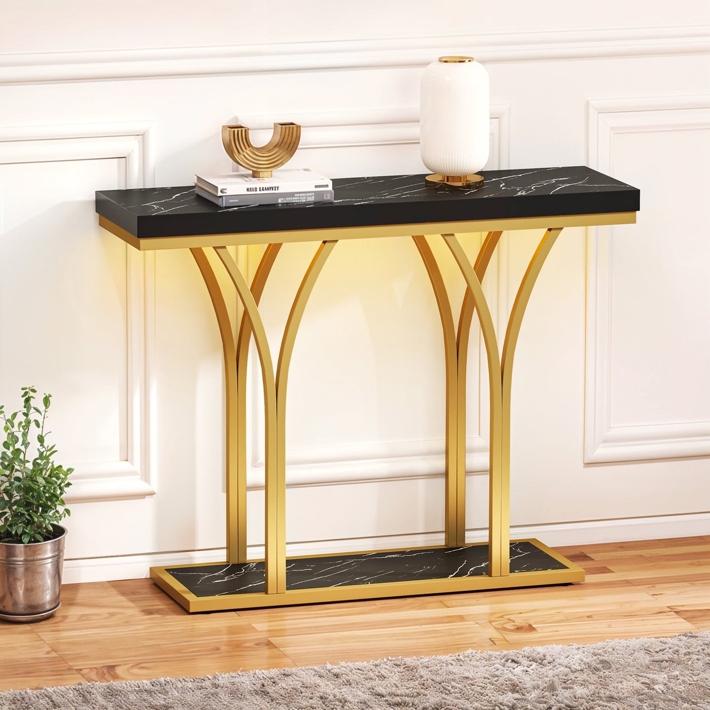Uforic Modern Console Table with LED Lights, Faux Marble Entryway Side Table, Gold & Black