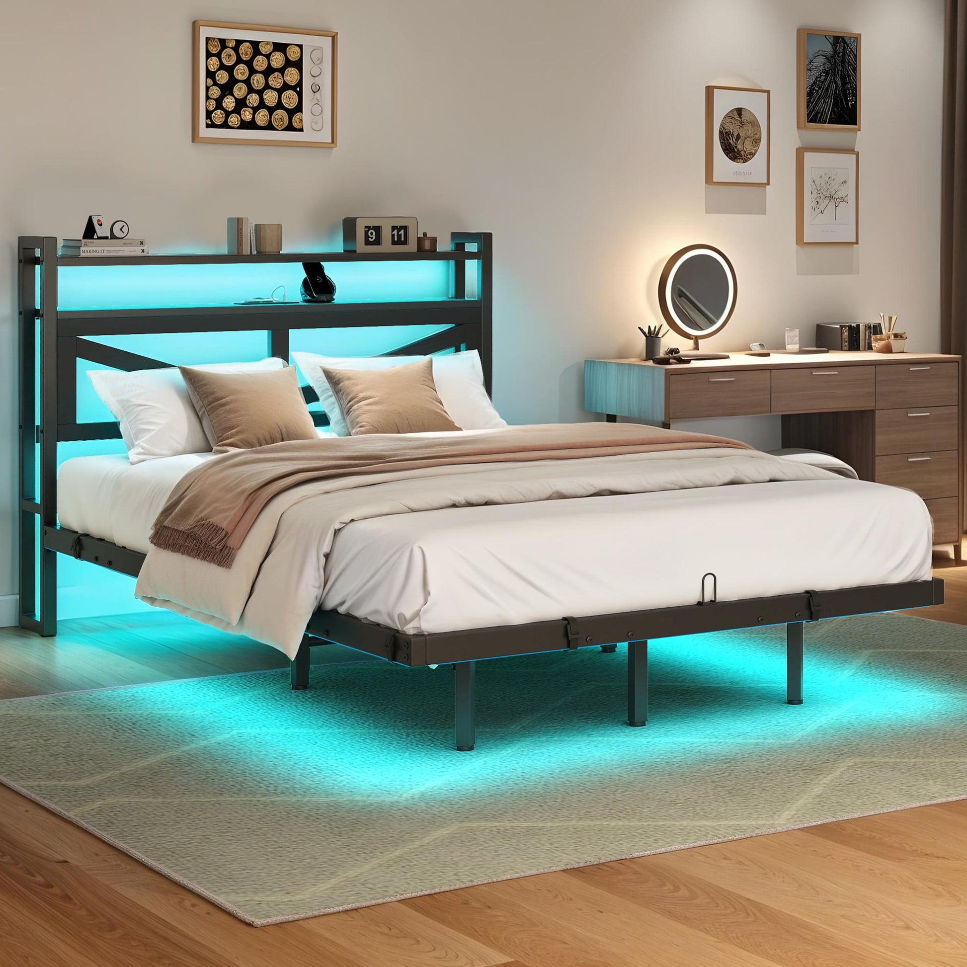 Uforic Modern Floating Bed Frame, Full Size Bed Platform with 2-tier Storage Headboard, Noiseless Metal Frame, Built-in Power Hub, and LED Lights, Black