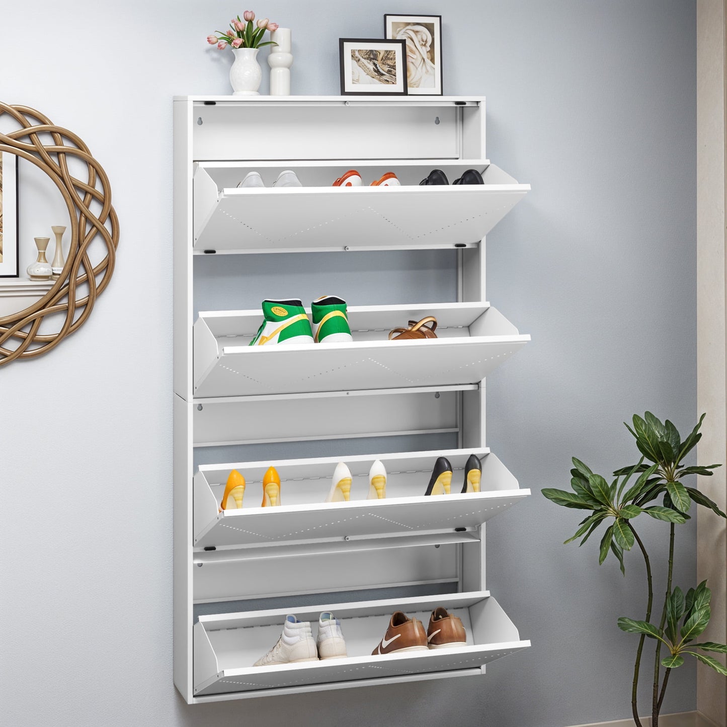 Uforic Wall Mount 4-Drawer Metal Shoe Cabinet, 56.3"H Shoe Rack Organizer, Navy Blue