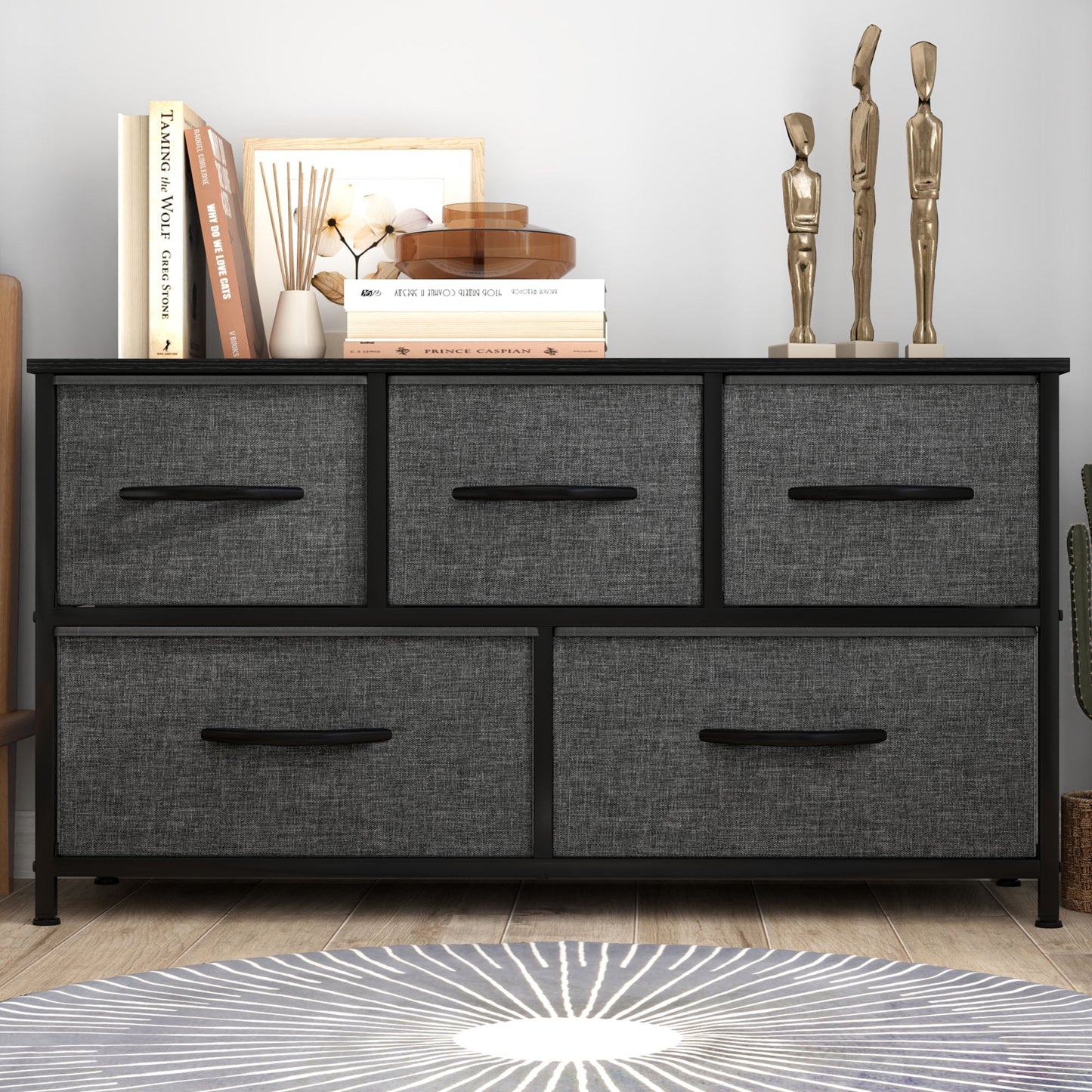 Uforic Wide 5 Drawer Storage Organizer Wooden Top Shelf for Closets, Black Grey