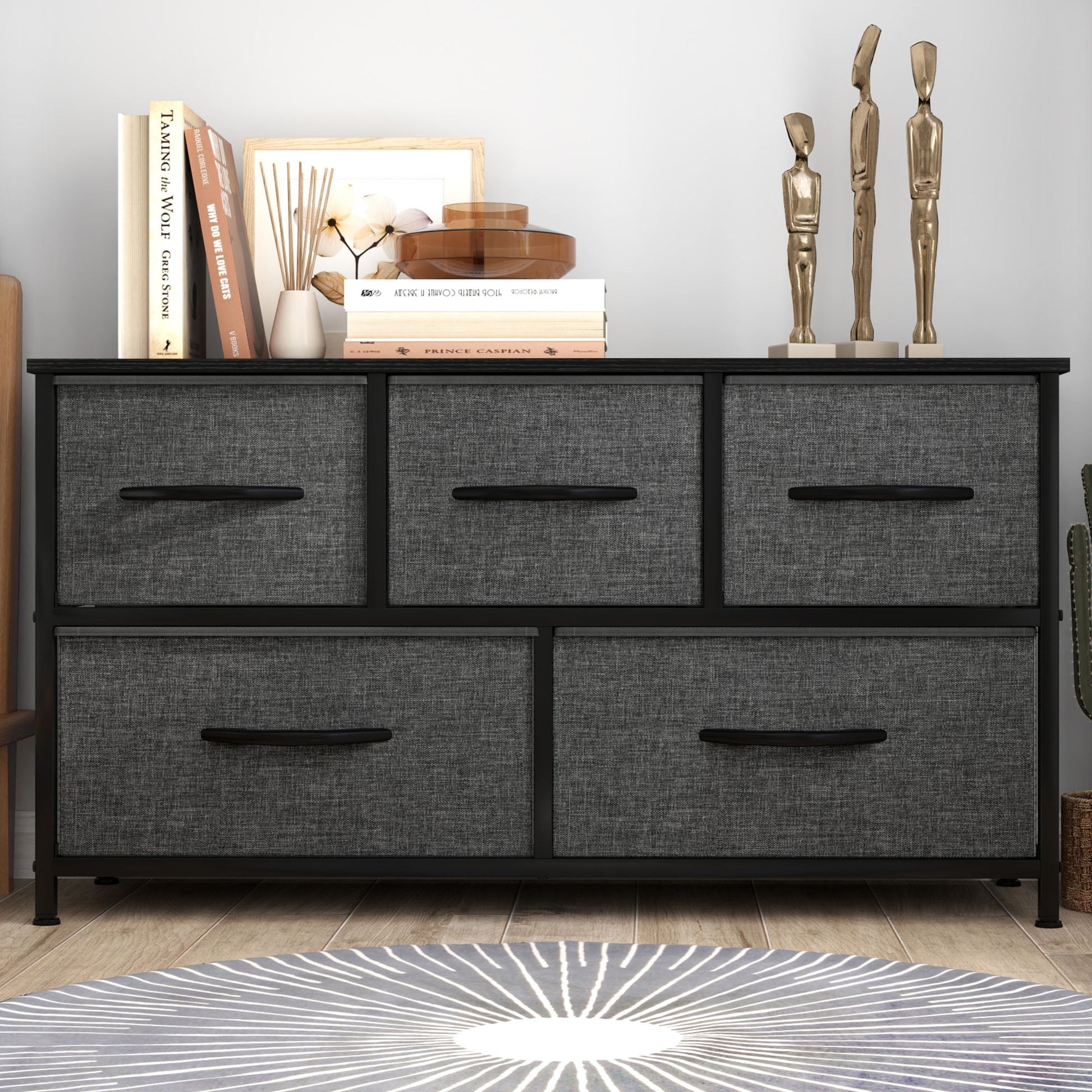 Uforic Wide 5 Drawer Storage Organizer Wooden Top Shelf for Closets, Black Grey