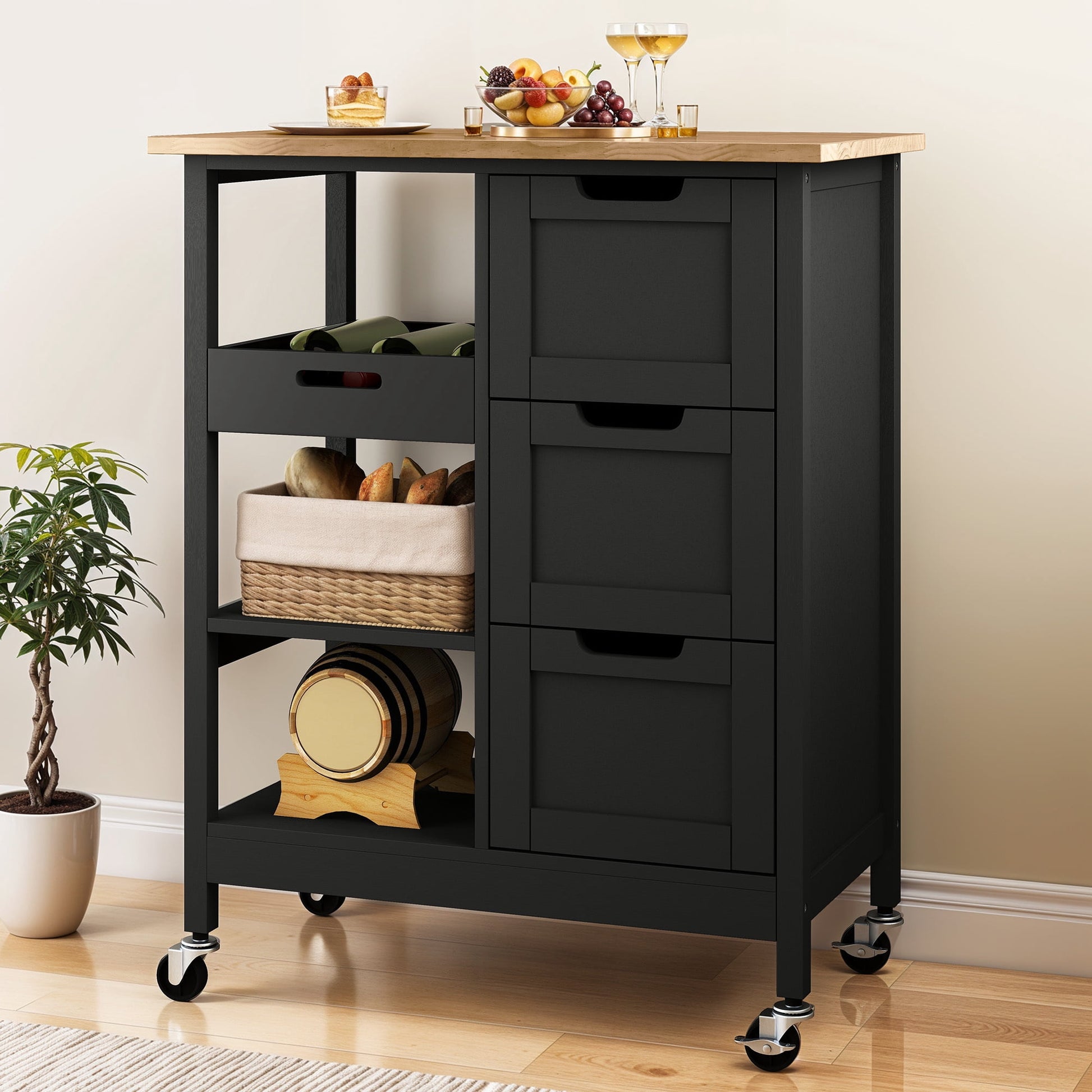 Uforic Wood Rolling Kitchen Cart, Mobile Storage Trolley with Drawers & Shelves, Solid Wood Top & Lockable Casters, Black