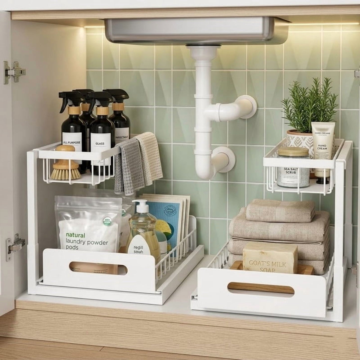 Under Sink Organizers Storage, 2 Tier Under Cabinet Organizer Shelf, Pull Out Kitchen Bathroom Sink Organizer Storage Organization, 2 Pack