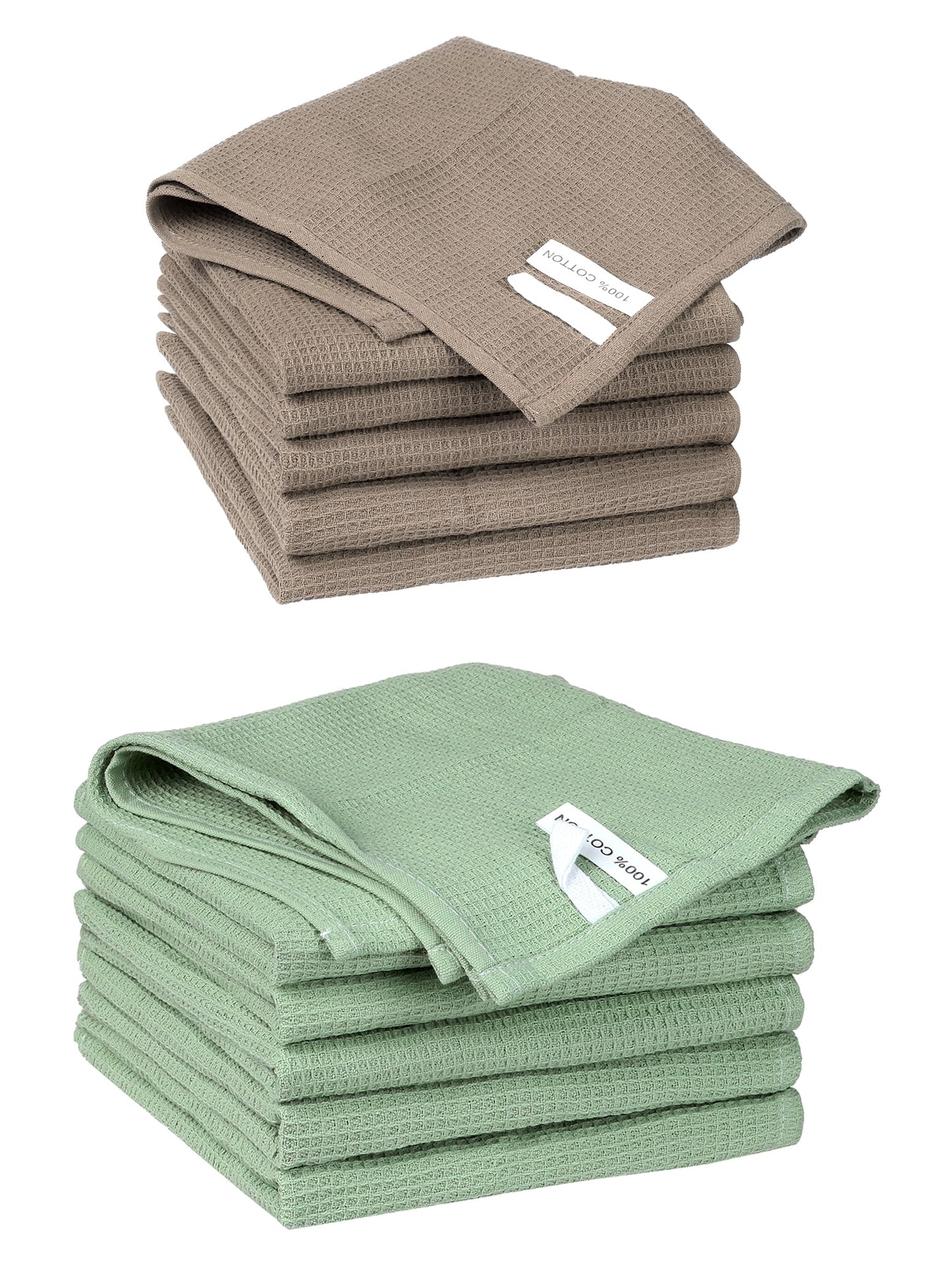 Unique Bargains 12 Pack Cotton Waffle Weave Cleaning Clothes Reusable Kitchen Towels Brown/Light Green 14" x 14"
